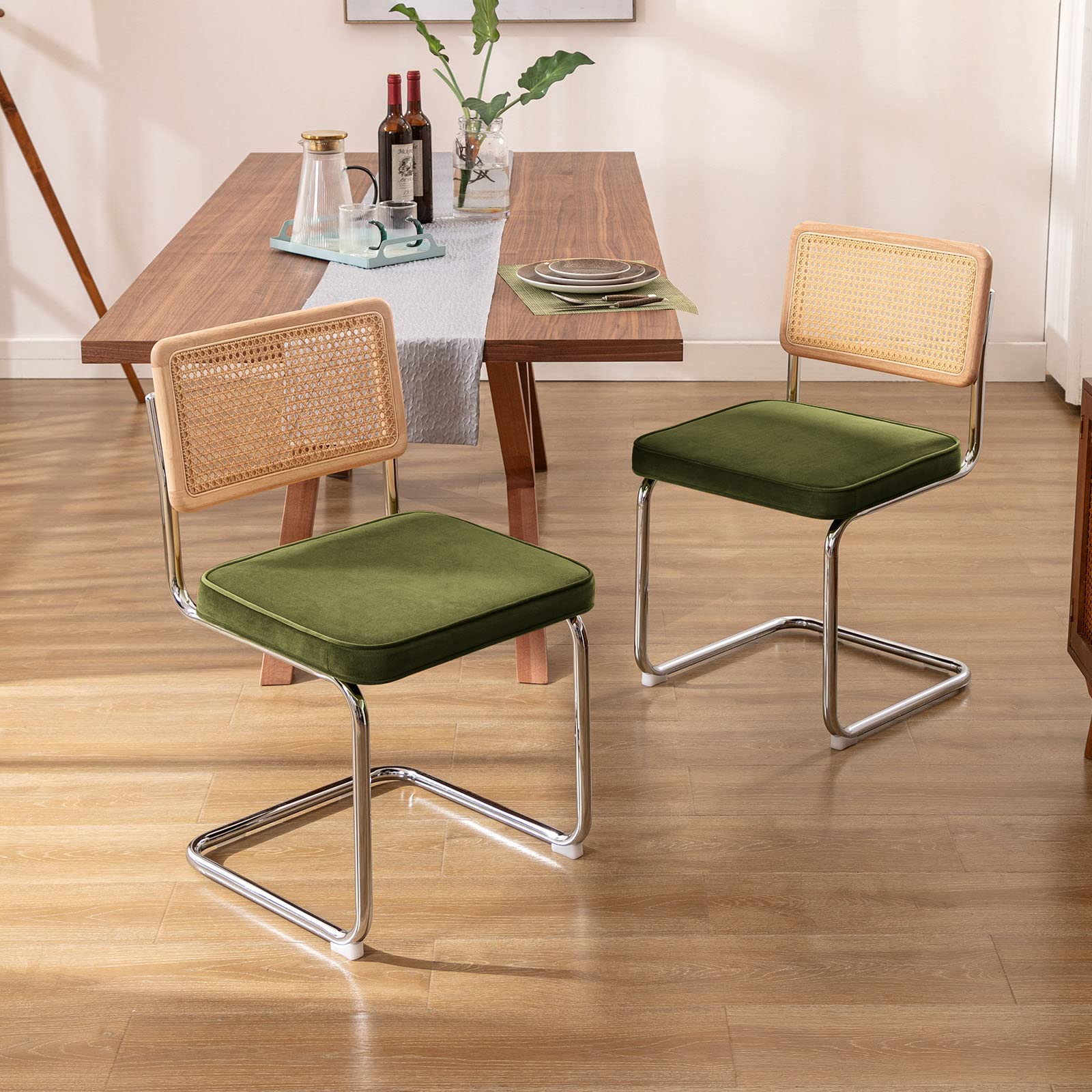 Set of 2 Rattan Dining Chairs, Green Velvet Upholstered Boho Kitchen Chairs with Wood Back & Chrome Base