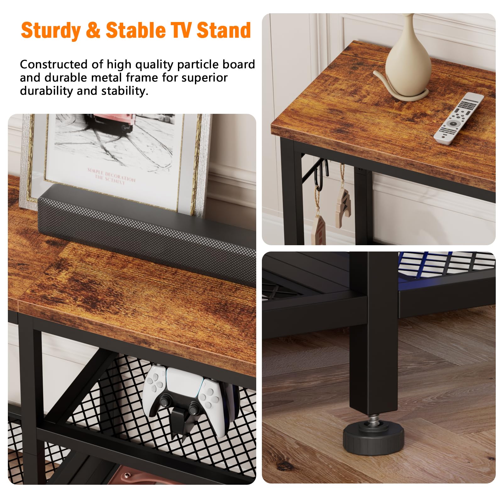 TV Stand for TVs up to 55" – Rustic Brown Media Console with Open Storage Shelves & Soundbar Shelf for Living Room or Bedroom