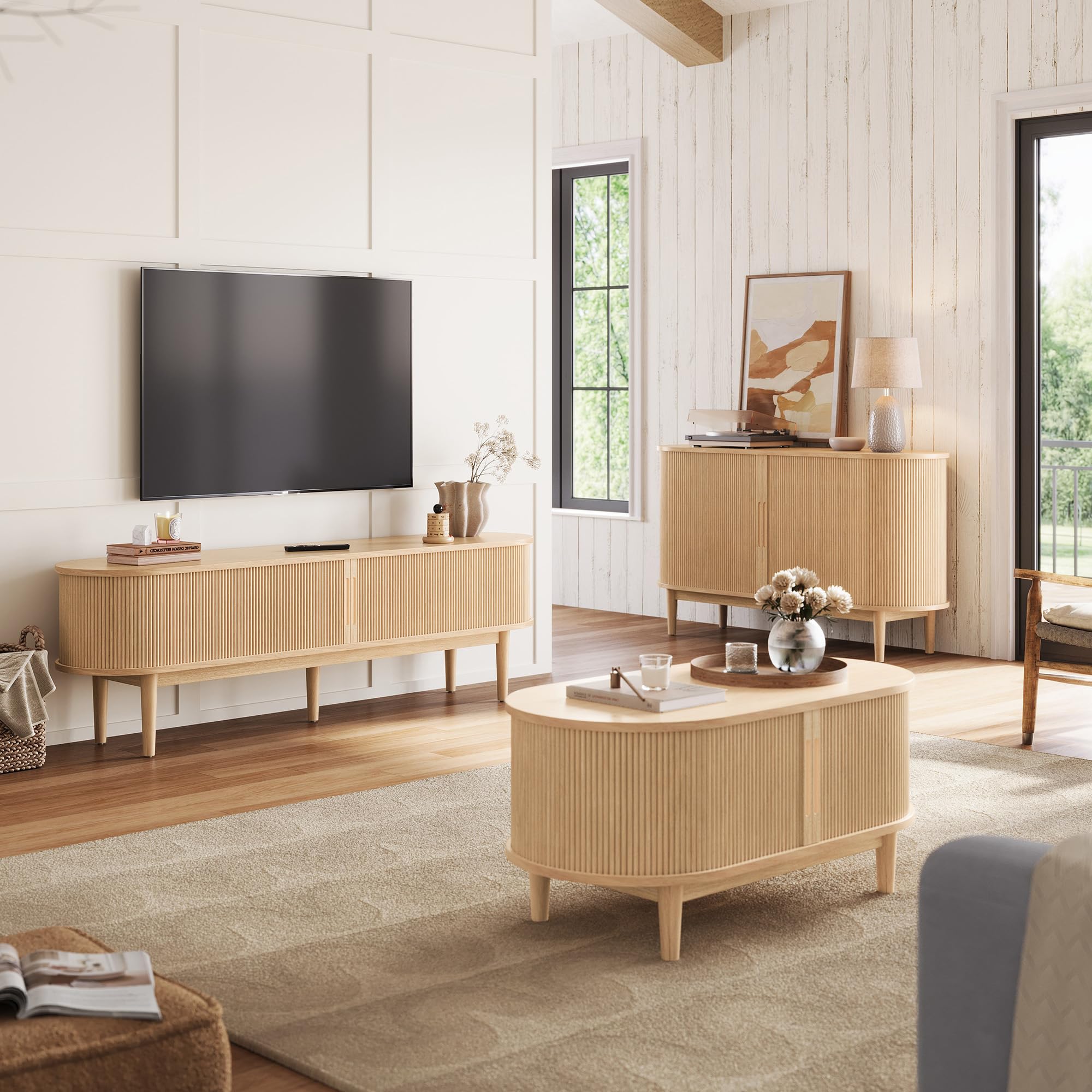Fluted 70" TV Stand – Mid-Century Modern Entertainment Console with Sliding Tambour Door, Oak Finish