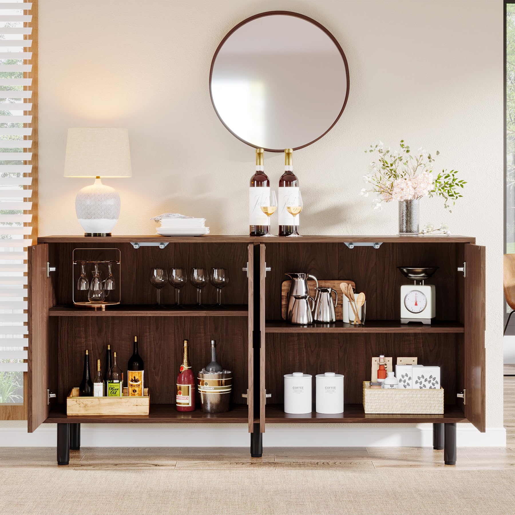 Sideboard Buffet Cabinet with Storage, 55" Mid-Century Credenza Cabinet with 4 Doors & Adjustable Shelves for Kitchen