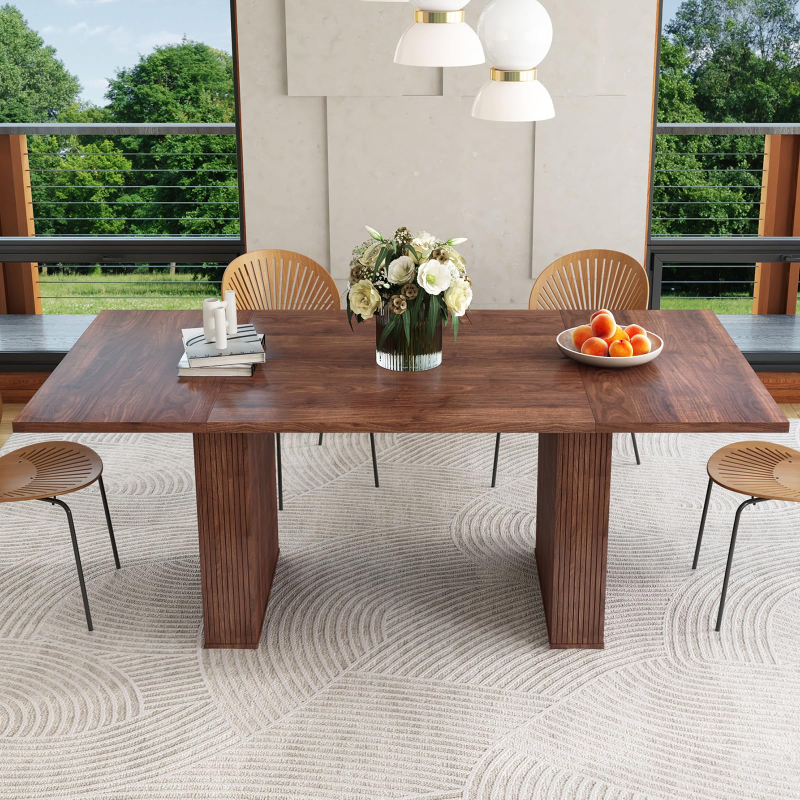 78" Modern Farmhouse Dining Table, Long Walnut Kitchen Table with Wood Strip Base for 6-10 People