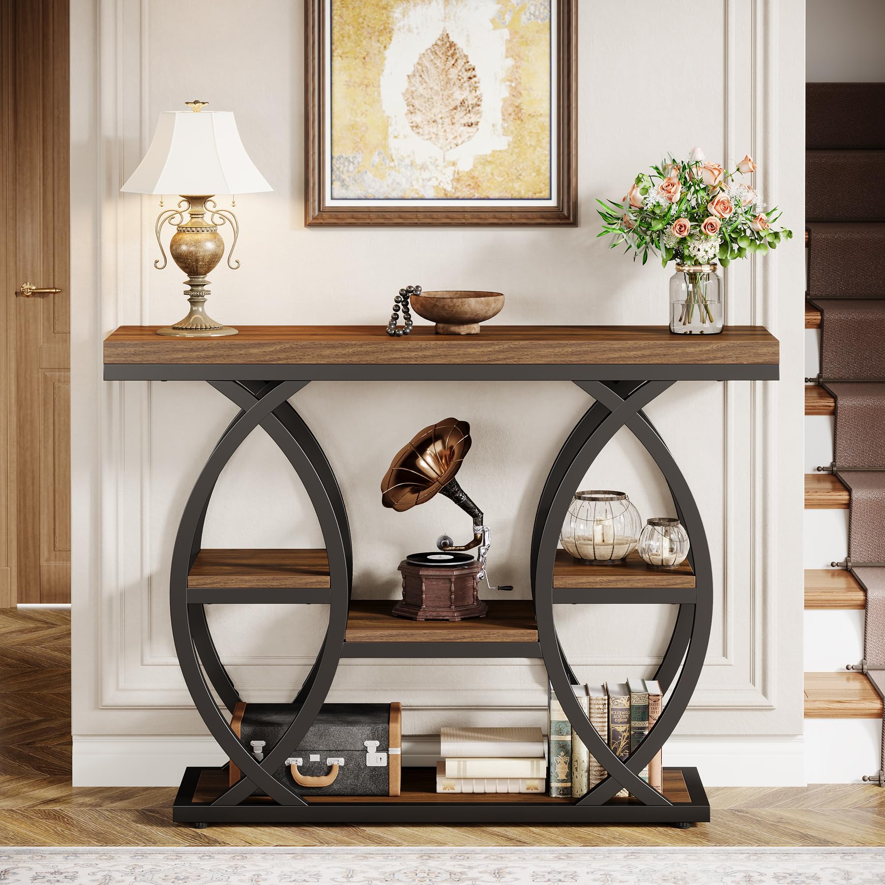 39.4" Industrial Console Table, 4-Tier Narrow Sofa Entry Table with Storage Shelves, Wood & Metal Accent for Small Spaces