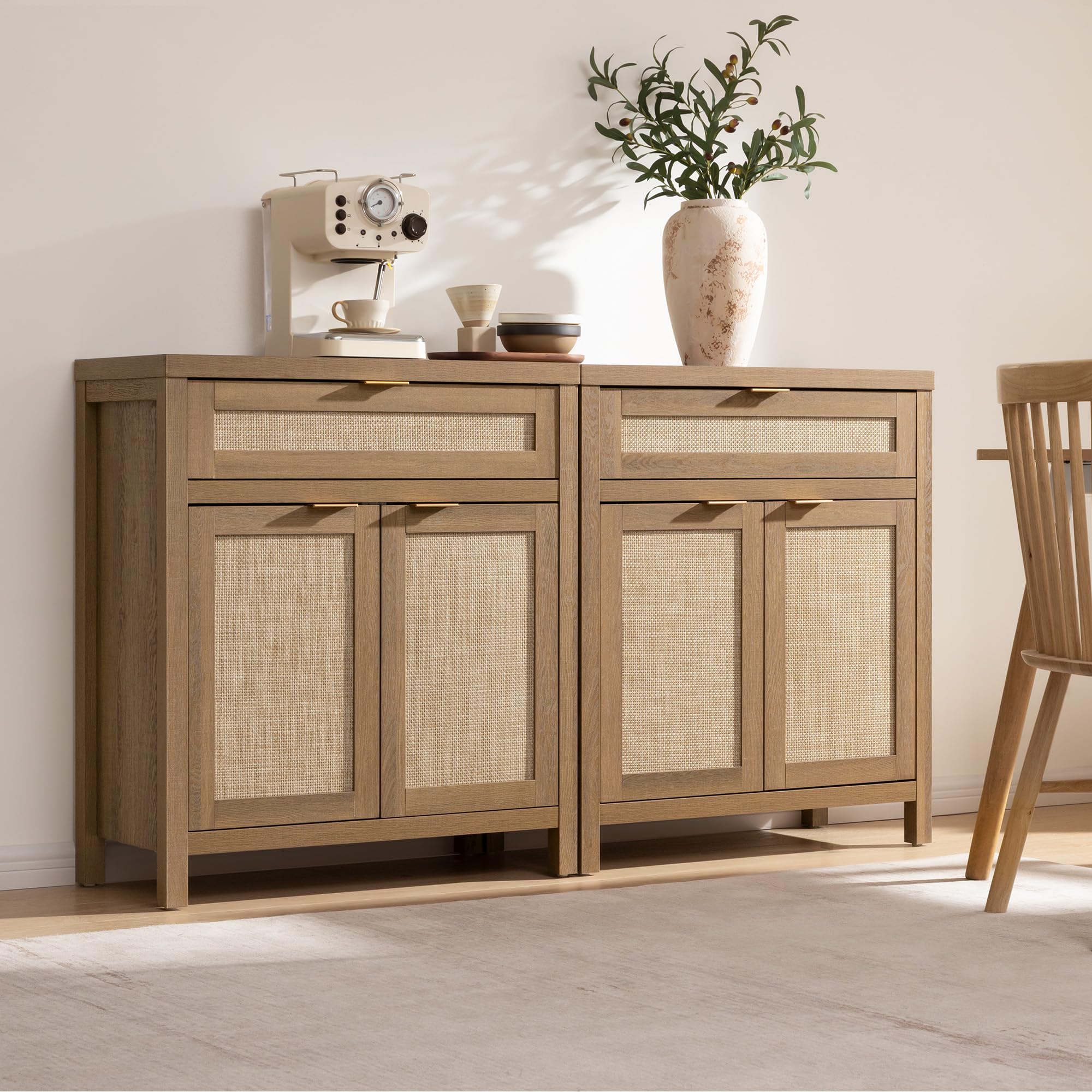 Sideboard Buffet Cabinet Set of 2, Natural Oak Rattan Storage Credenza with Drawer, Boho Coffee Bar for Entryway Living Room