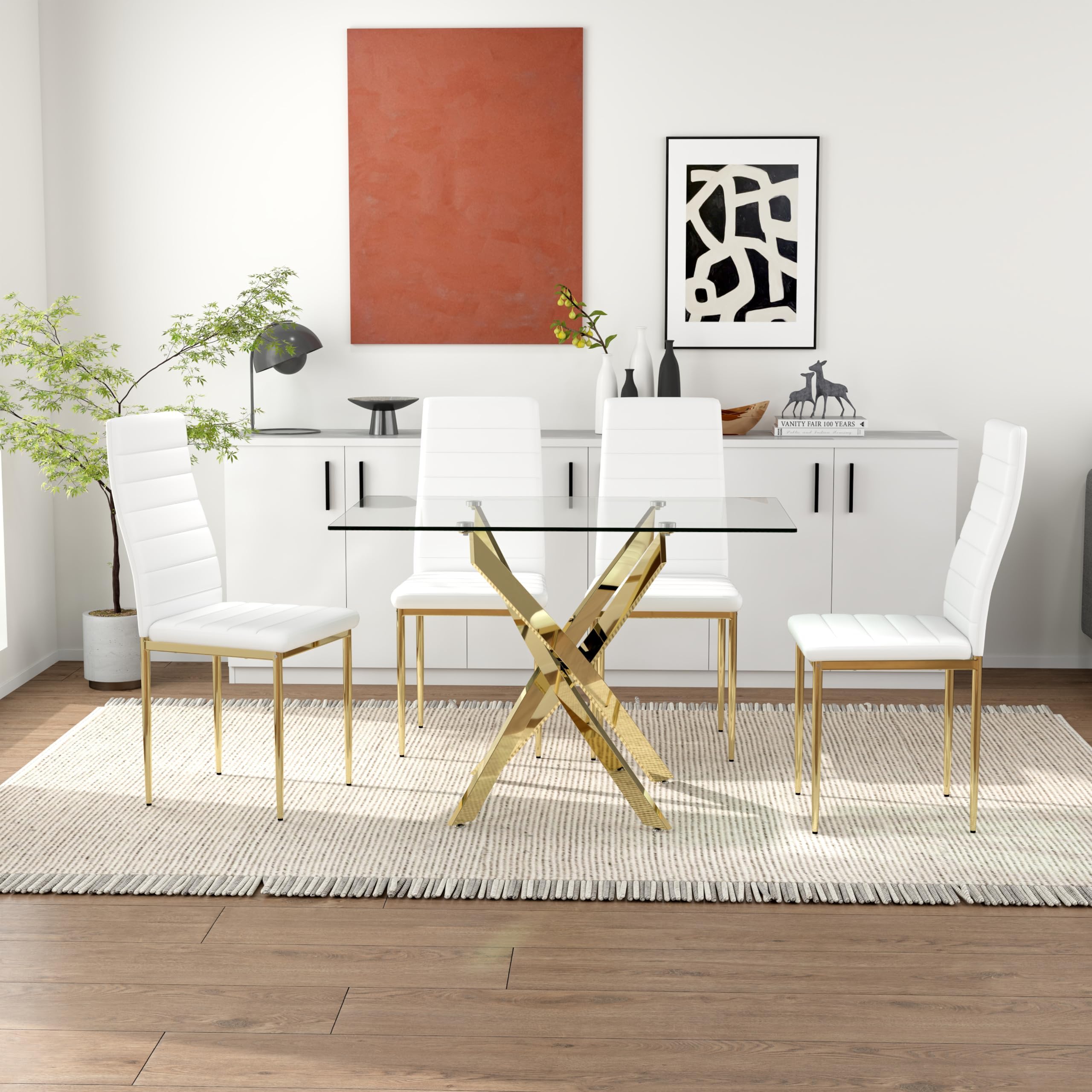 47" Glass Dining Table with Chrome Legs, Modern Rectangular Kitchen Table for Dining Room, Gold Finish