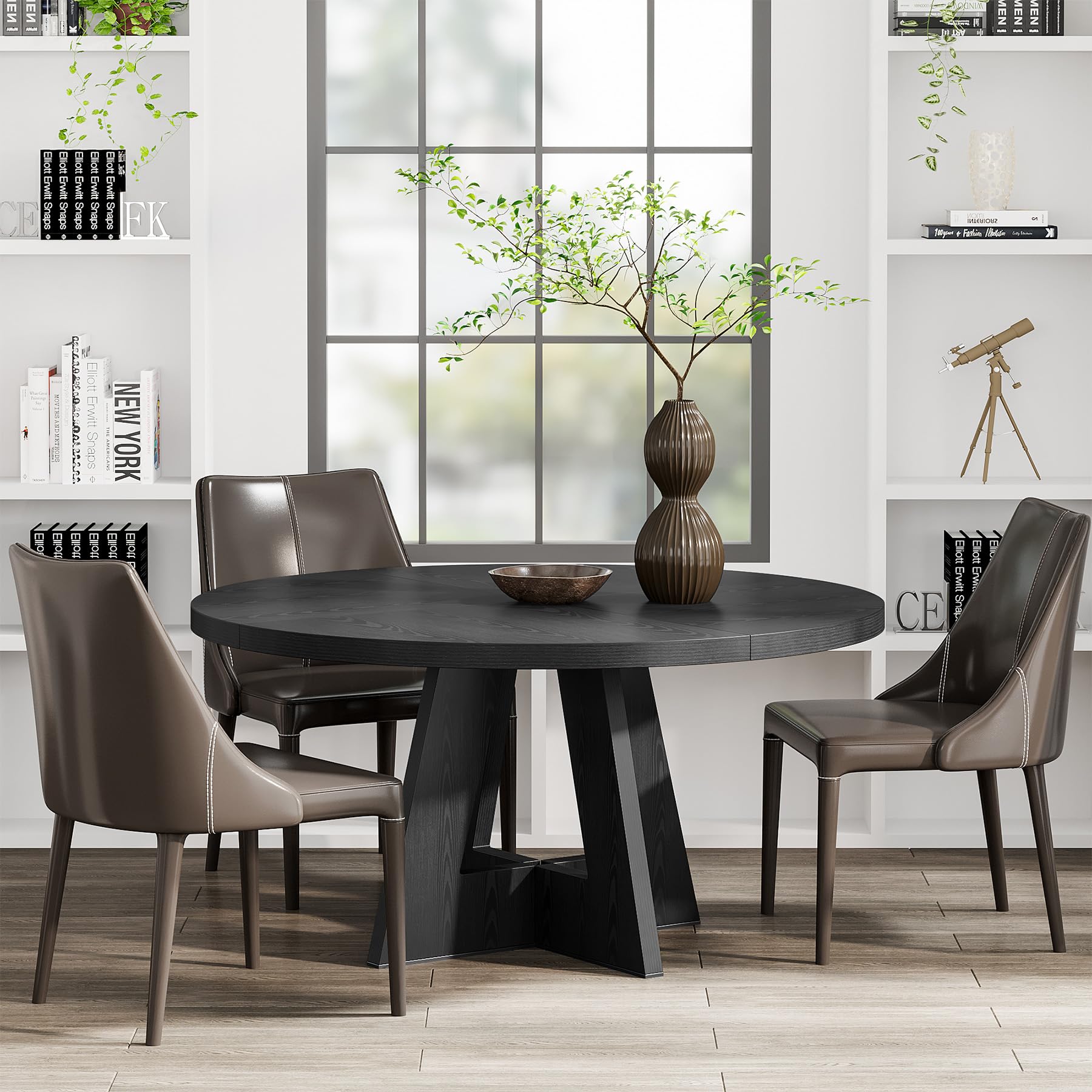 47" Round Wood Dining Table, Farmhouse Pedestal Table for 4, Black Base Kitchen Table for Dining Room