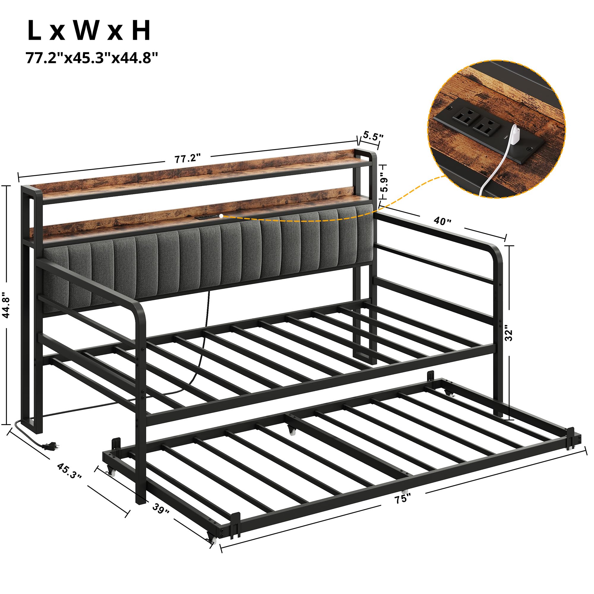 Twin Daybed with Trundle – Upholstered Frame with LED Lights, Charging Station & Storage Shelves, Black Metal