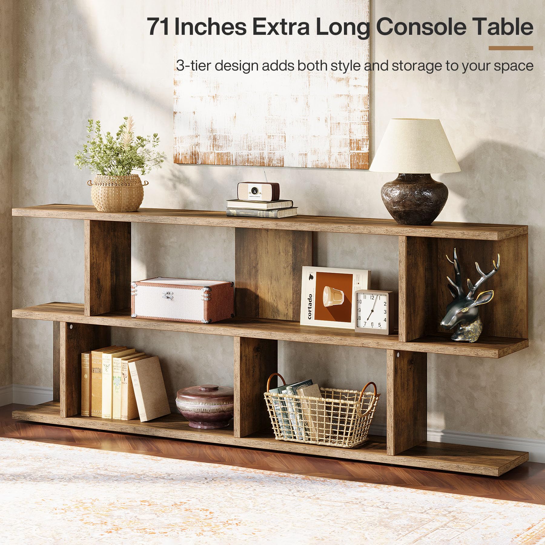 71" Farmhouse Sofa Table, 3-Tier Extra Long Entryway Console with Open Storage for Hallway, Entry, or Living Room