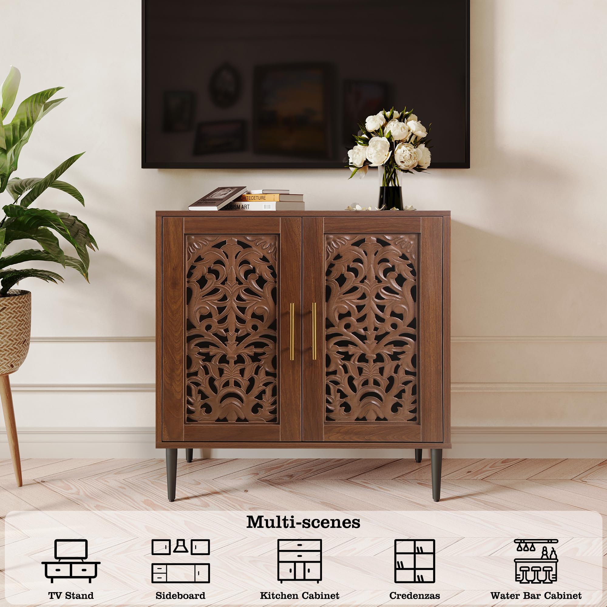 Walnut Accent Cabinet with 2 Doors, Vintage Carved Sideboard Credenza for Dining Room, Hallway, Kitchen