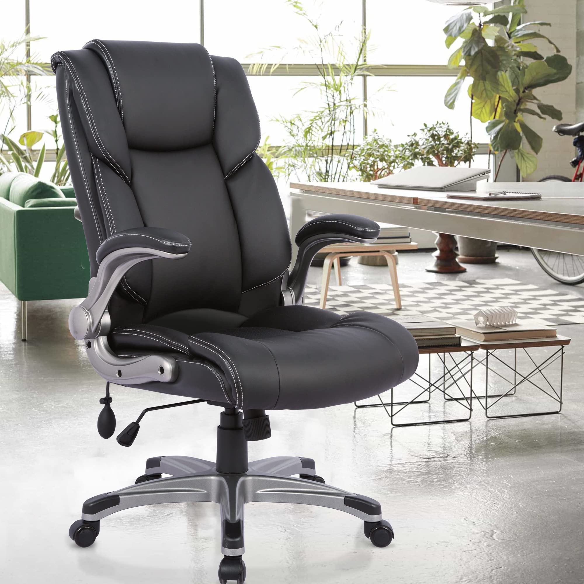 High Back Executive Office Chair, Ergonomic Swivel Desk Chair with Flip-Up Arms & Tilt Lock, Black Leather
