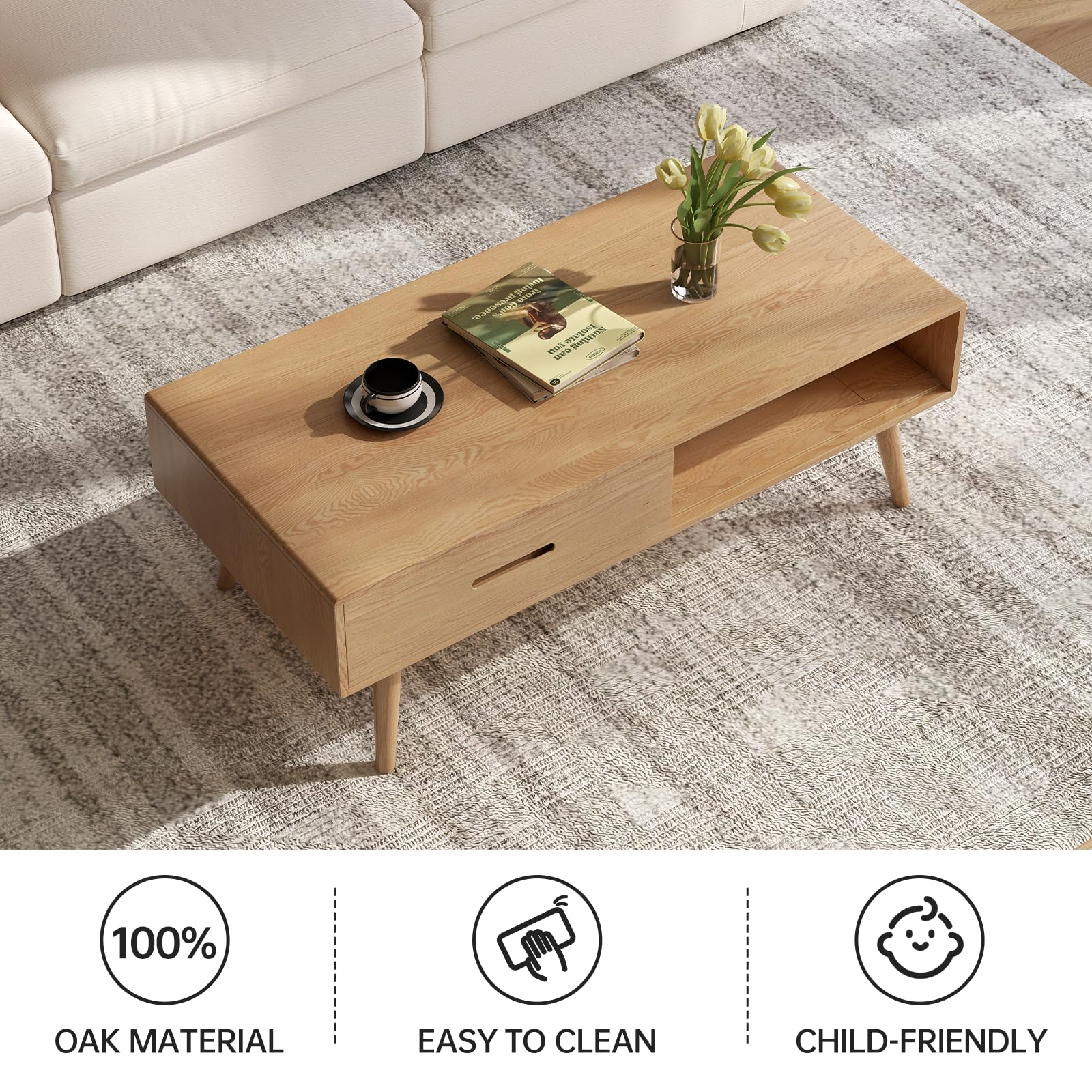 39.37'' Solid Wood Coffee Table, Mid-Century Modern Living Room Table with 2 Drawers & Storage Shelf, Oak Finish