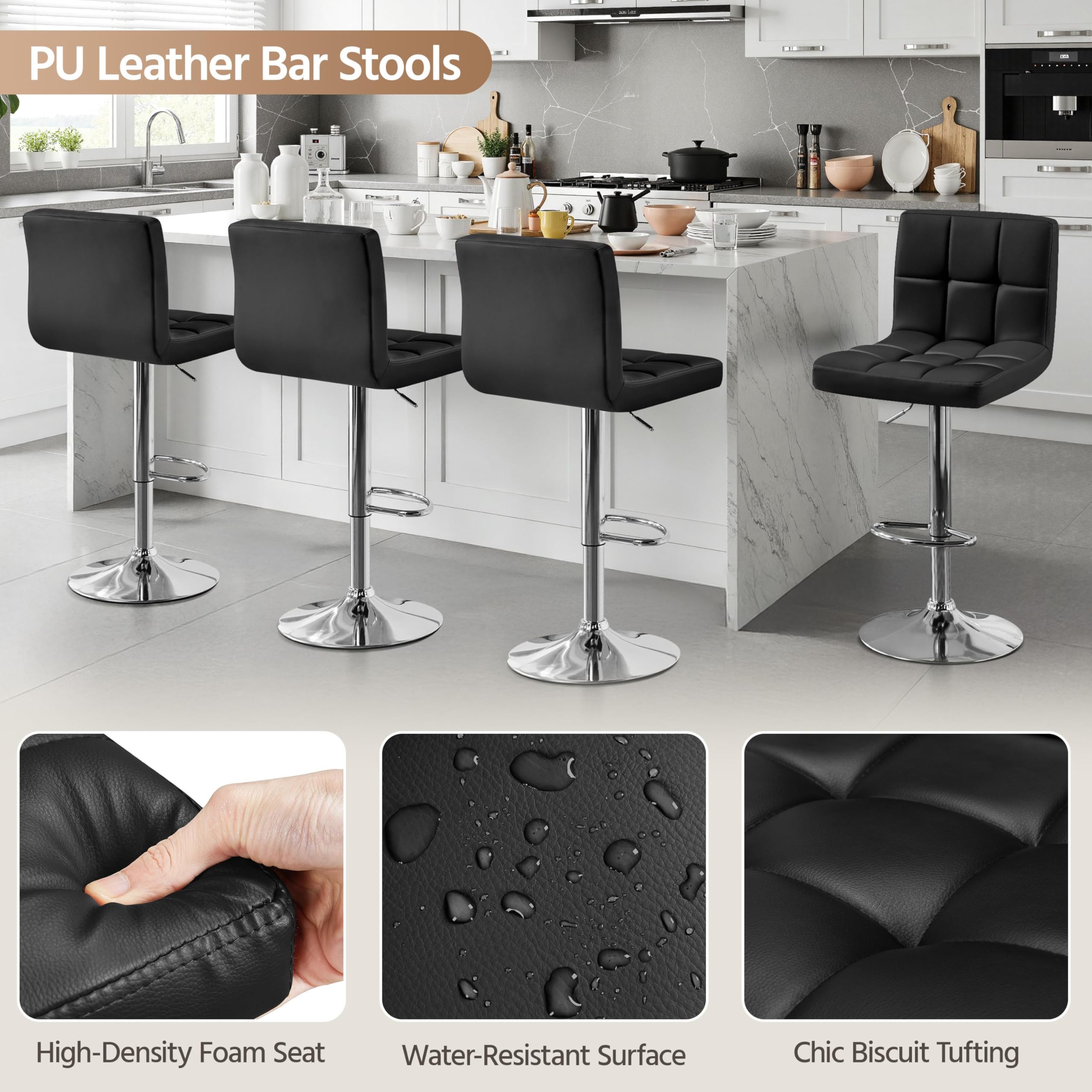 Bar Stools Set of 2, PU Leather Adjustable Swivel Counter Stools with Back & Footrest, Modern Bar Chairs for Kitchen, Black