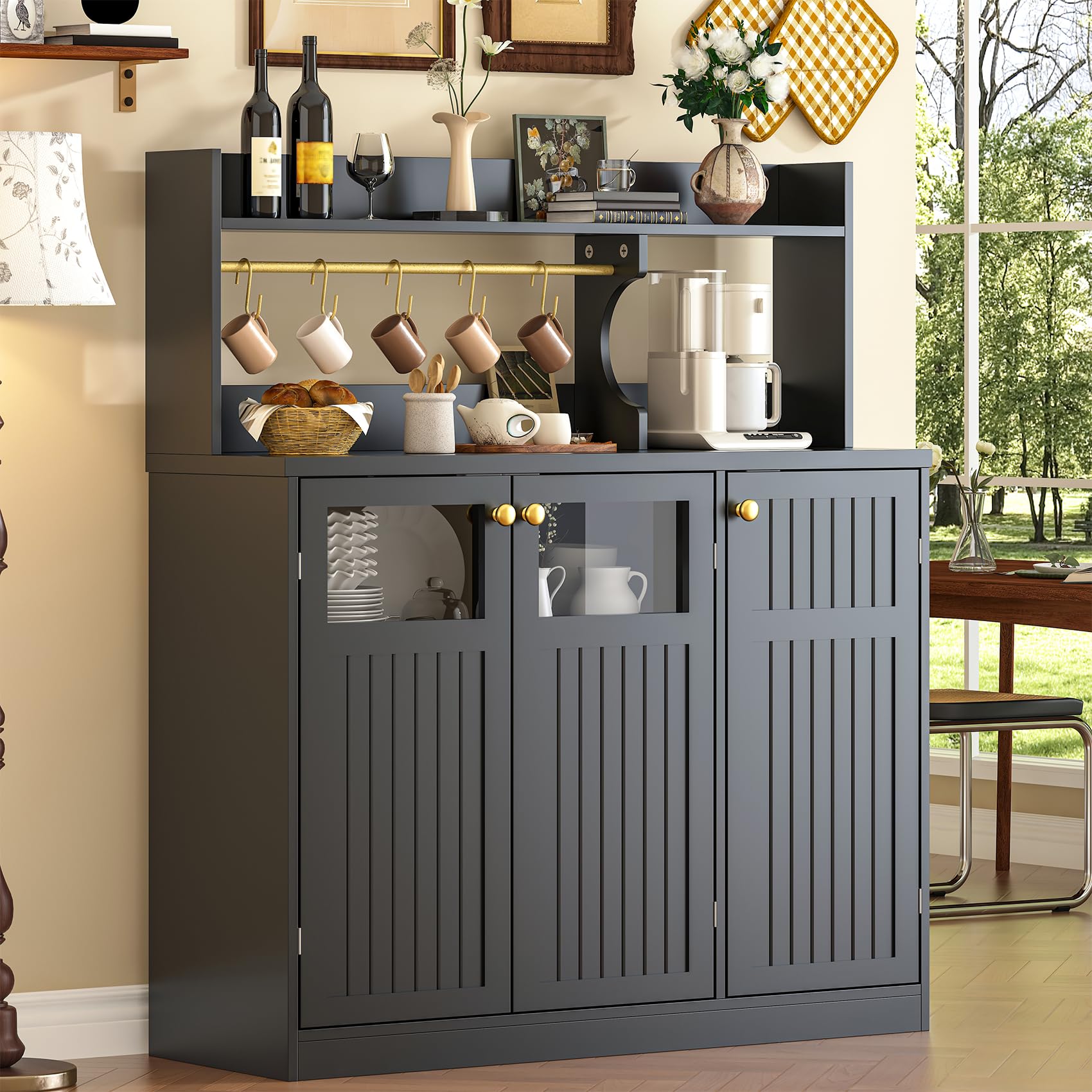 48'' Tall Sideboard Cabinet with 3 Doors & 5-Tier Shelf, Black Coffee Bar Buffet Storage Cabinet with Hooks for Dining