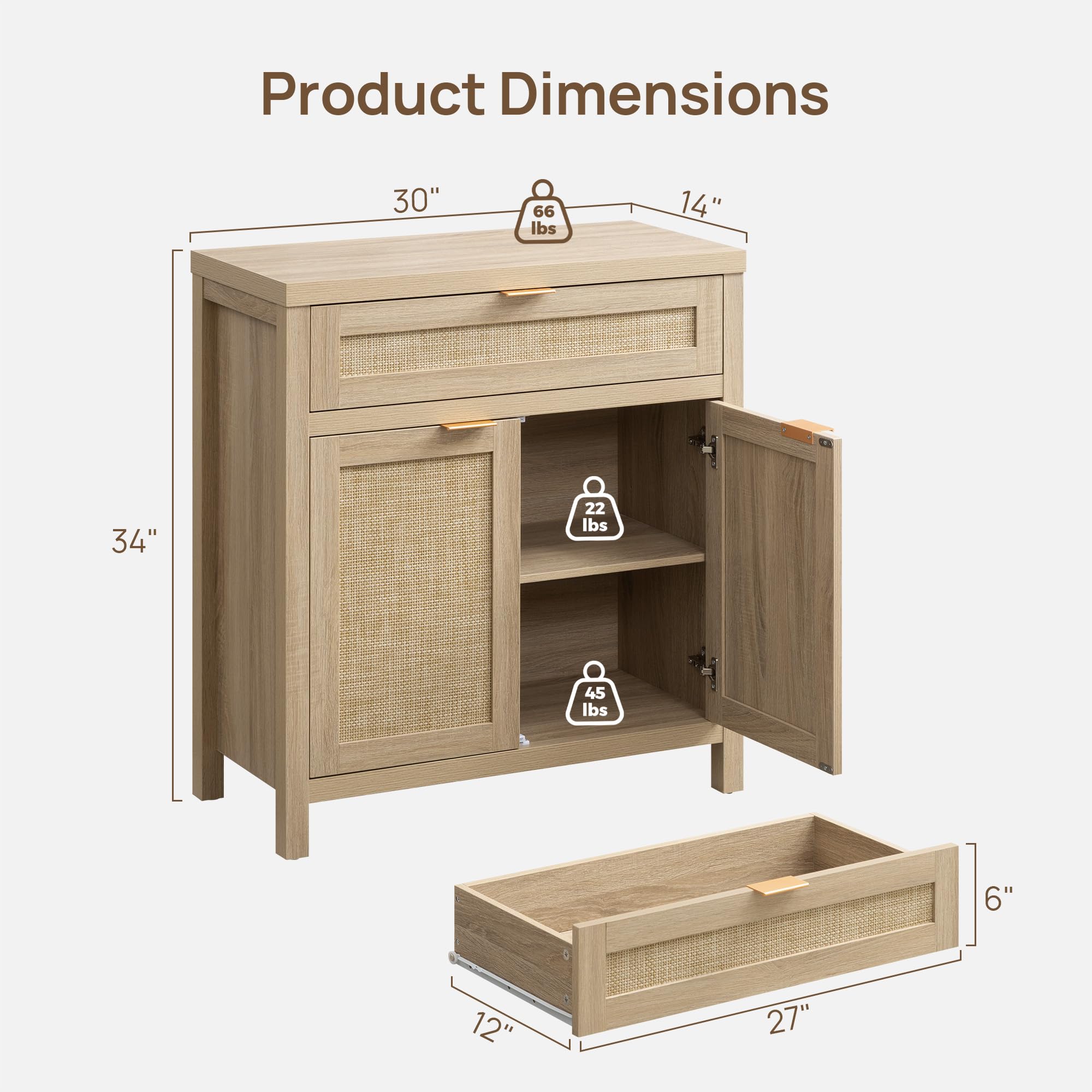Sideboard Buffet Storage Cabinet Set of 2, Natural Rattan Credenza Console with Drawer & Doors, Coffee Bar for Living Room