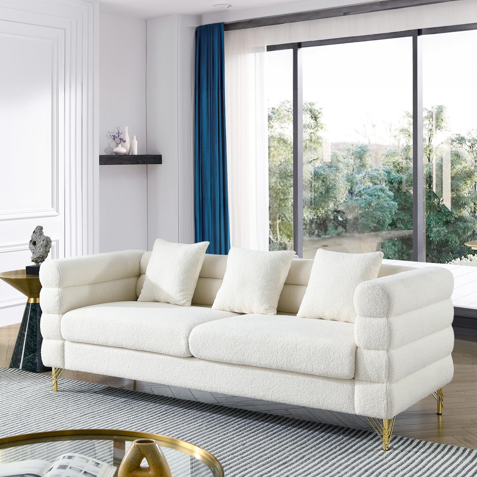 Modern Sofa Couch, 81" W Teddy Bouclé Oversized Loveseat Cloud Sofa, Upholstered 3-Seater Comfy Deep Seat Couch with Gold Legs & Pillows for Living Room, Bedroom, Office, Apartment(White)