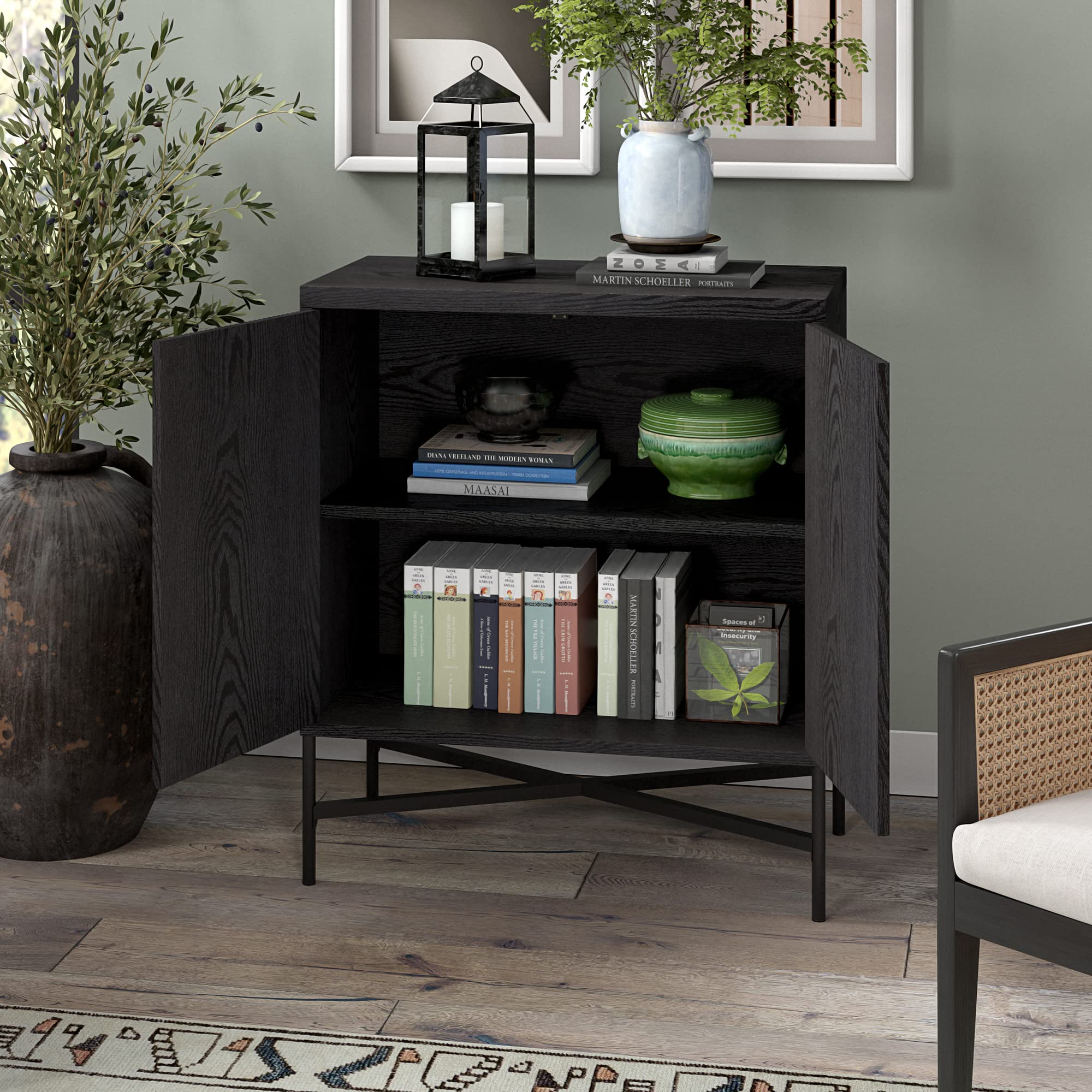 Brighton Accent Cabinet, 28" Wide Wooden Storage Cabinet with Doors and Drawers for Living Room, Kitchen, Black