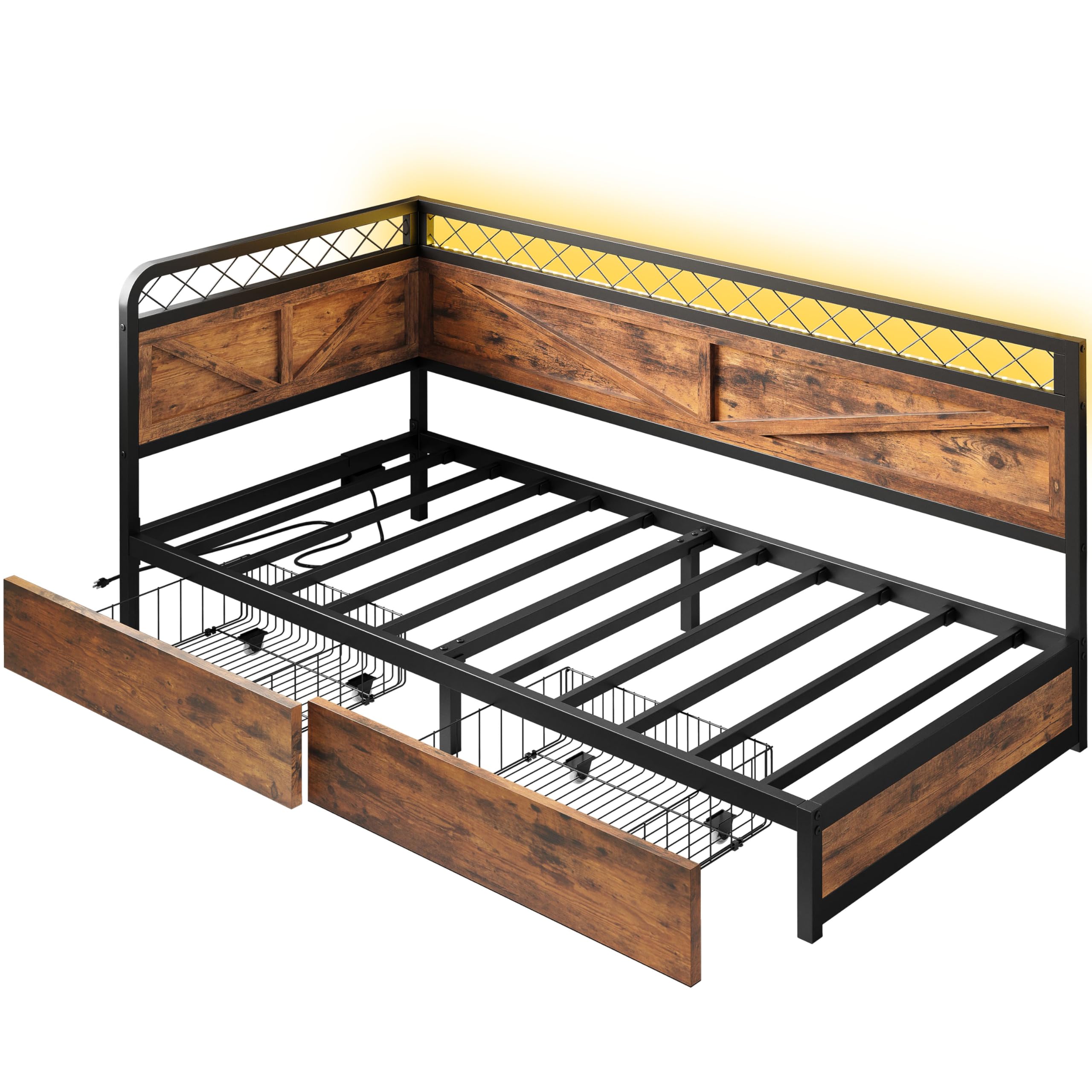Industrial Brown Twin Daybed – Corner Bed with Storage Drawers, LED Lights & Charging Station for Guest Room