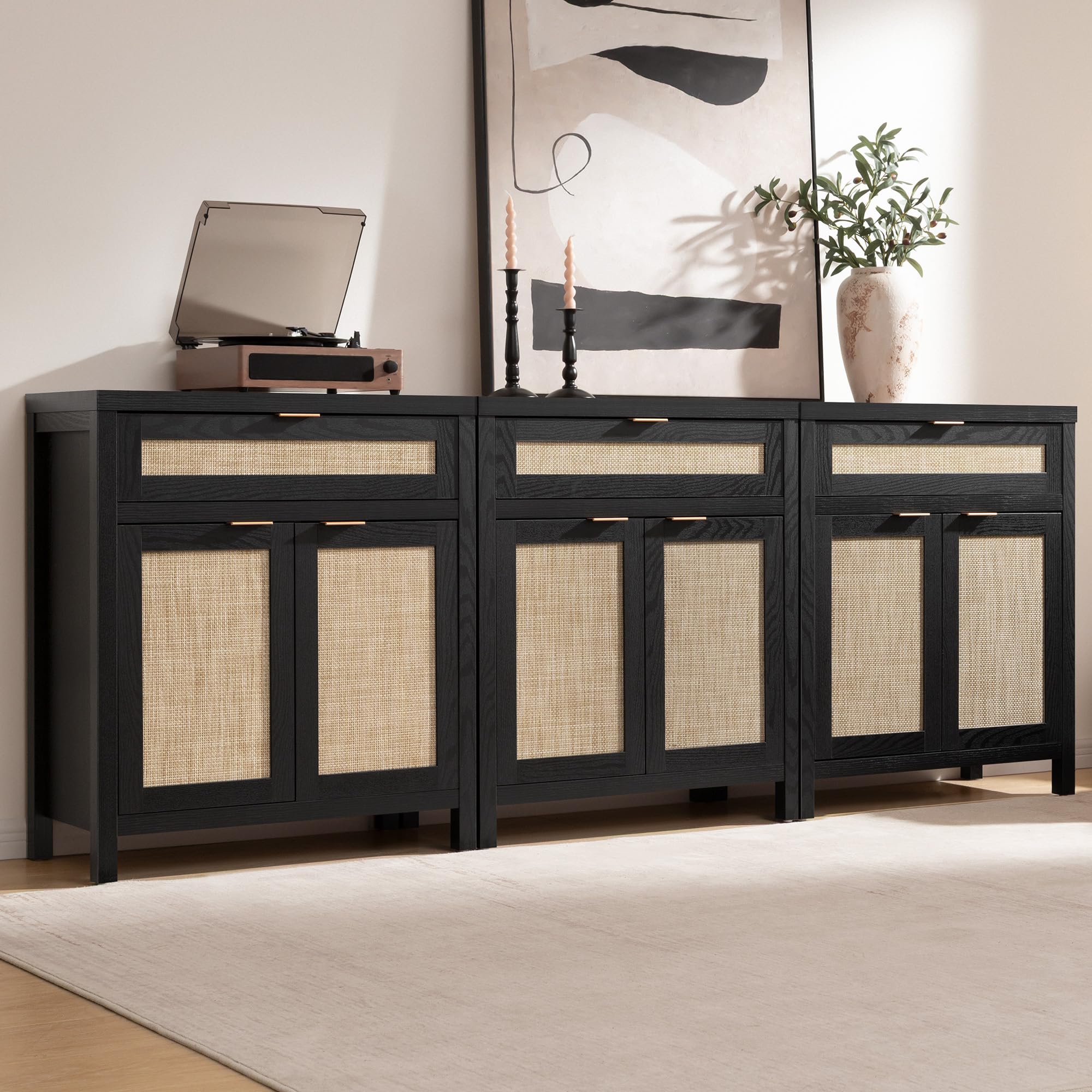 FURNIXI Sideboard Buffet Storage Cabinet Set of 2, Black Rattan Credenza Console with Drawer & Doors, Coffee Bar for Entryway Kitchen