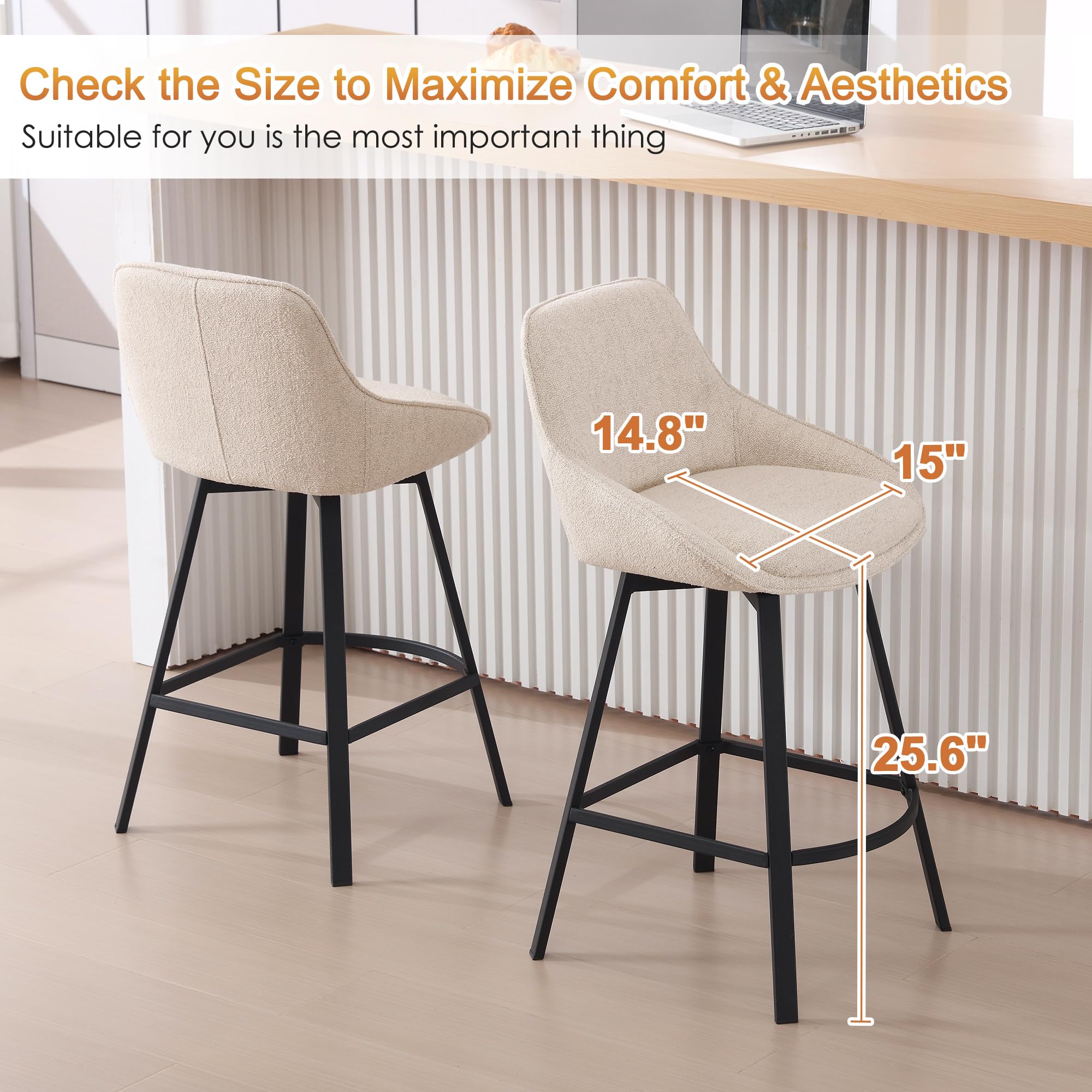 Swivel Bar Stools Set of 3, Modern 26'' Upholstered Counter Height Barstools with Backs and Metal Legs for Kitchen Island, Beige