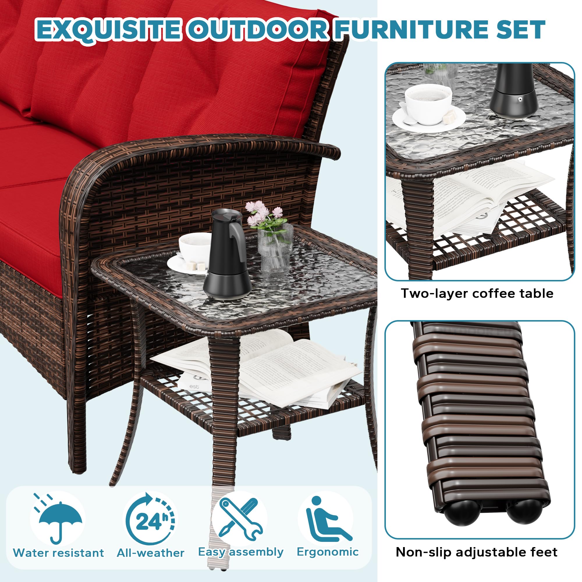 73" Red Wicker Patio Sofa, 3-Seater Rattan Couch with Cushions, Outdoor Deep Seat Furniture for Porch