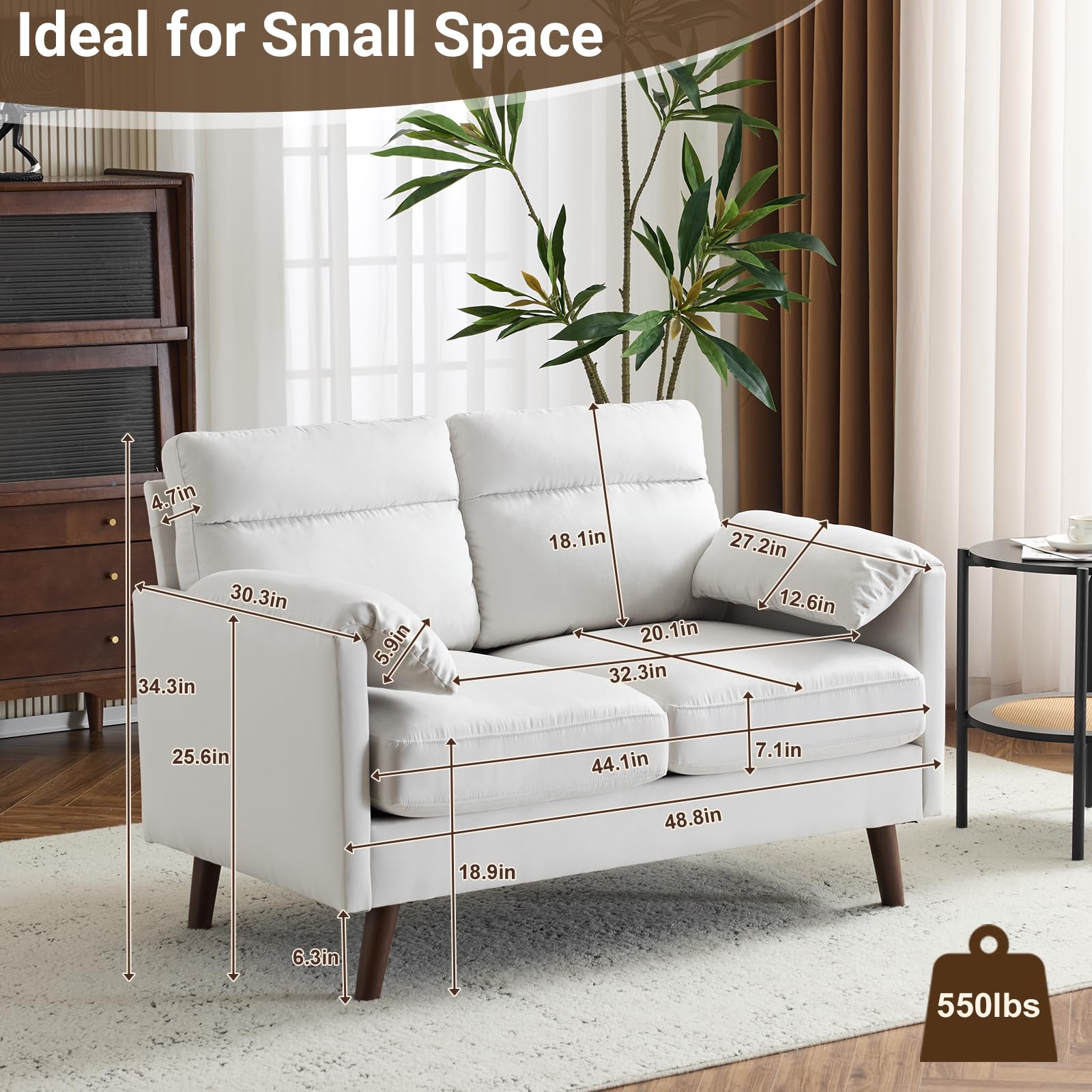 48.8" Mini Loveseat Sofa – Suede Nap Upholstered Couch for Small Living Spaces, Apartments & Home Offices, Beige