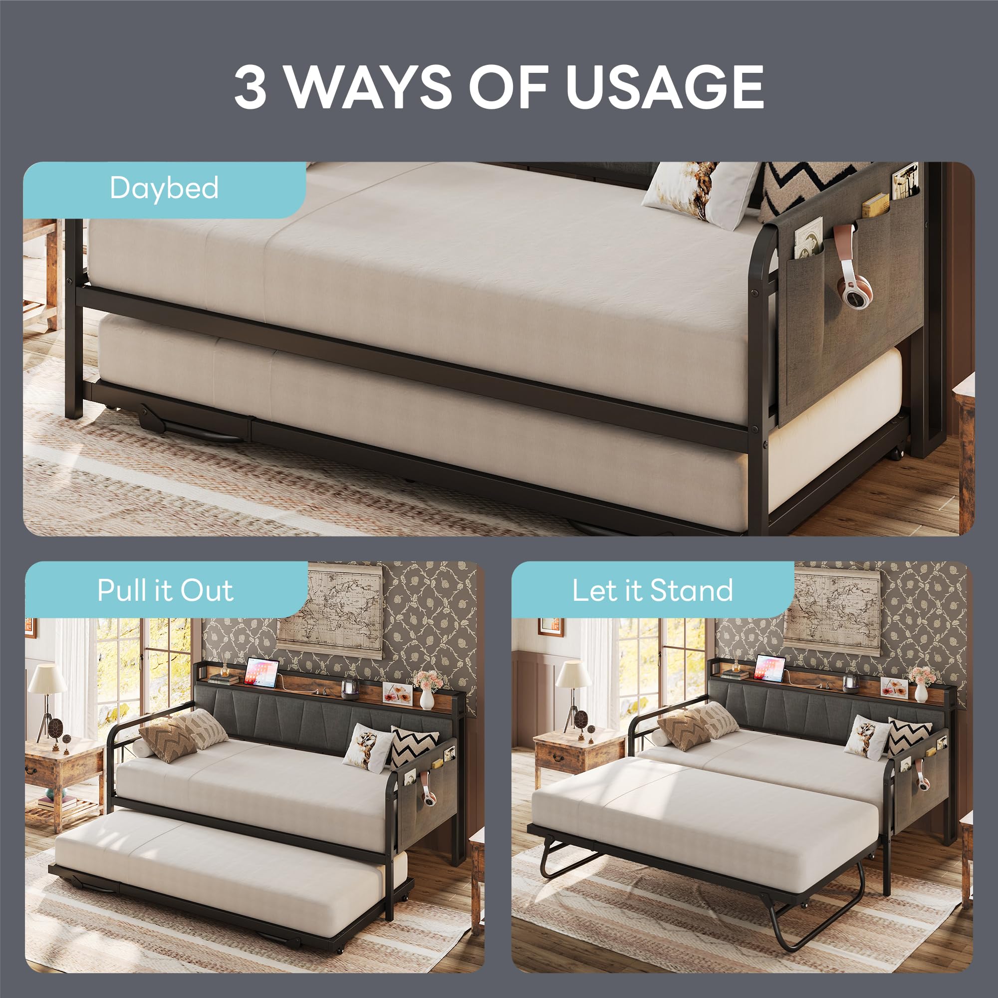Grey Daybed with Trundle – Twin Sofa Bed with Storage Headboard & Charging Station for Bedroom or Guest Room