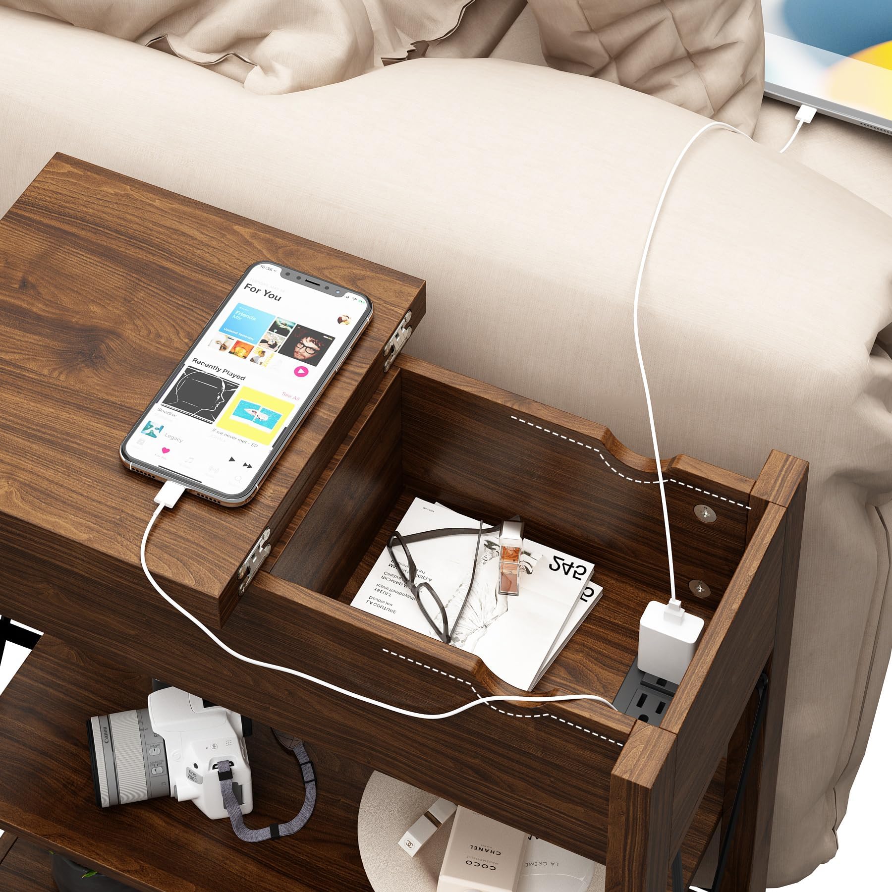 Walnut Narrow End Table Set of 2 with Charging Station, USB Ports, Flip Top Storage, for Small Spaces