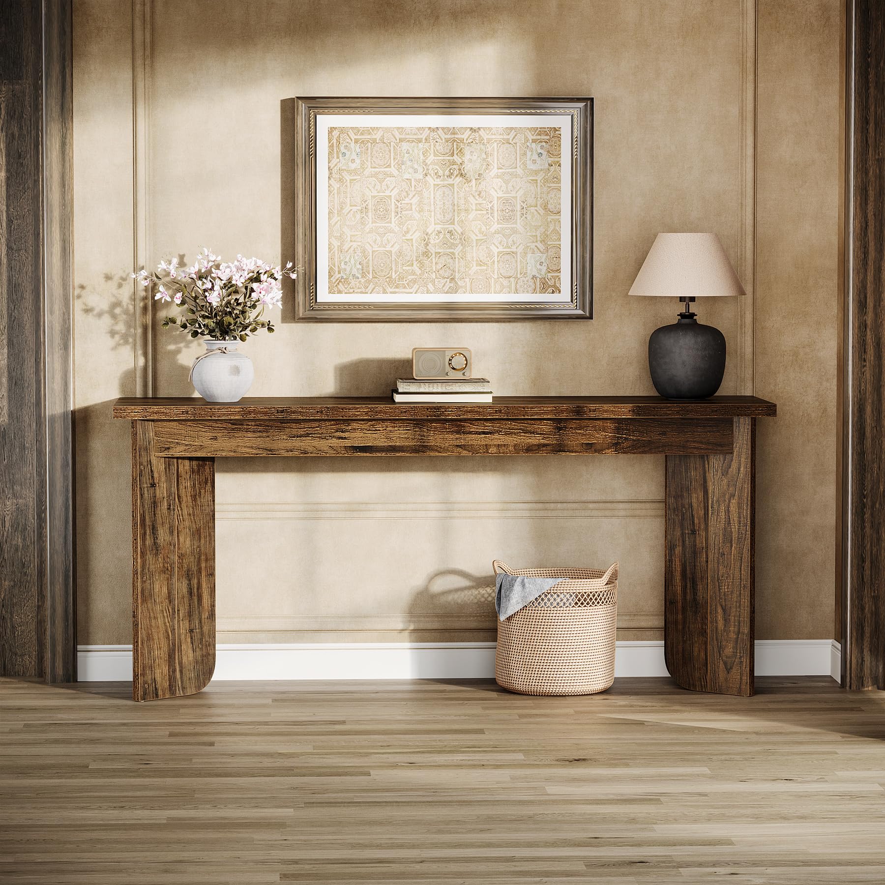 70.9" Extra Long Wooden Console Table, Farmhouse Sofa Table with Wide Top & Double Pedestal for Living Room, Hallway