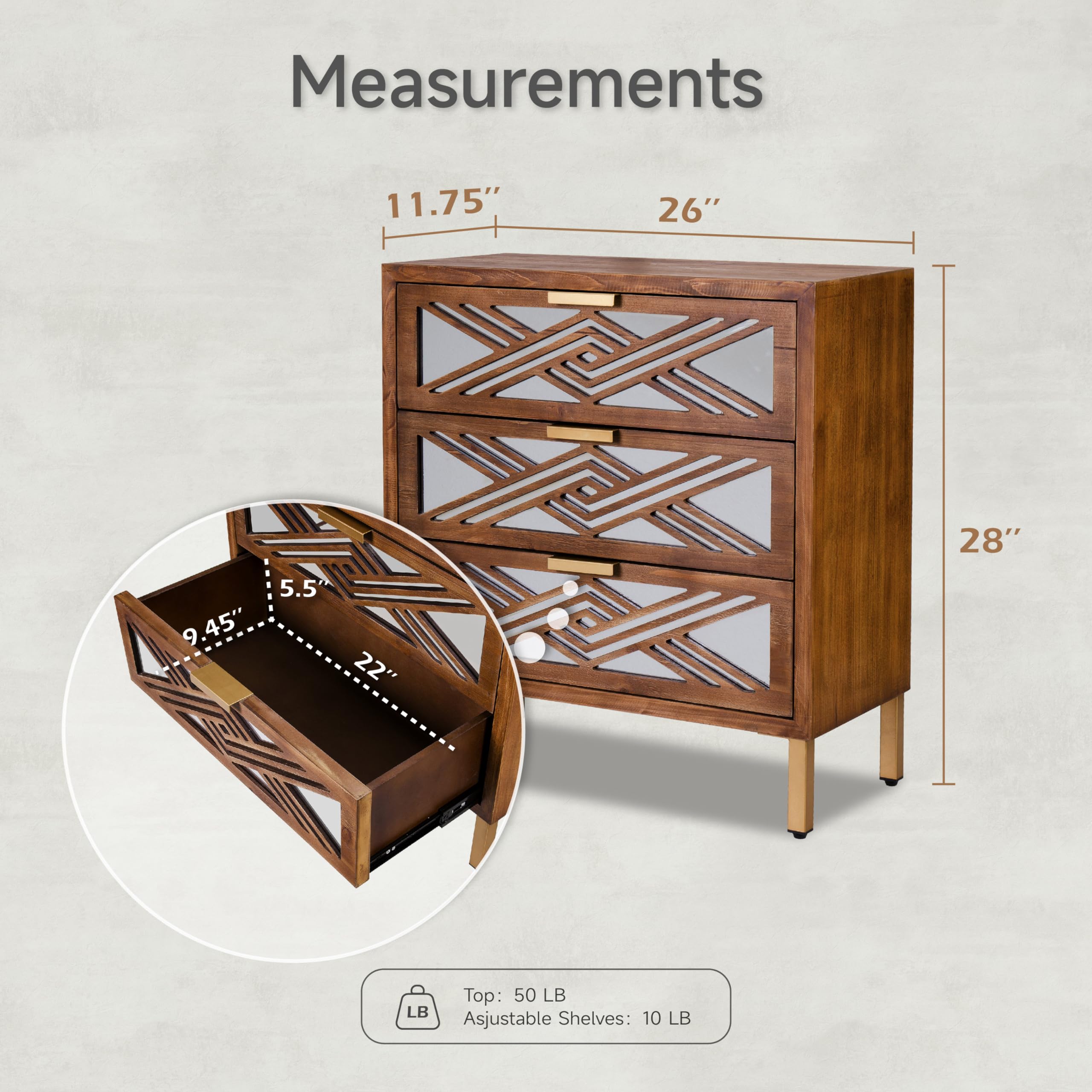 Modern Farmhouse 3-Drawer Accent Chest with Mirror Fronts, Clean-Line Dresser for Living Room, Bedroom, Entryway