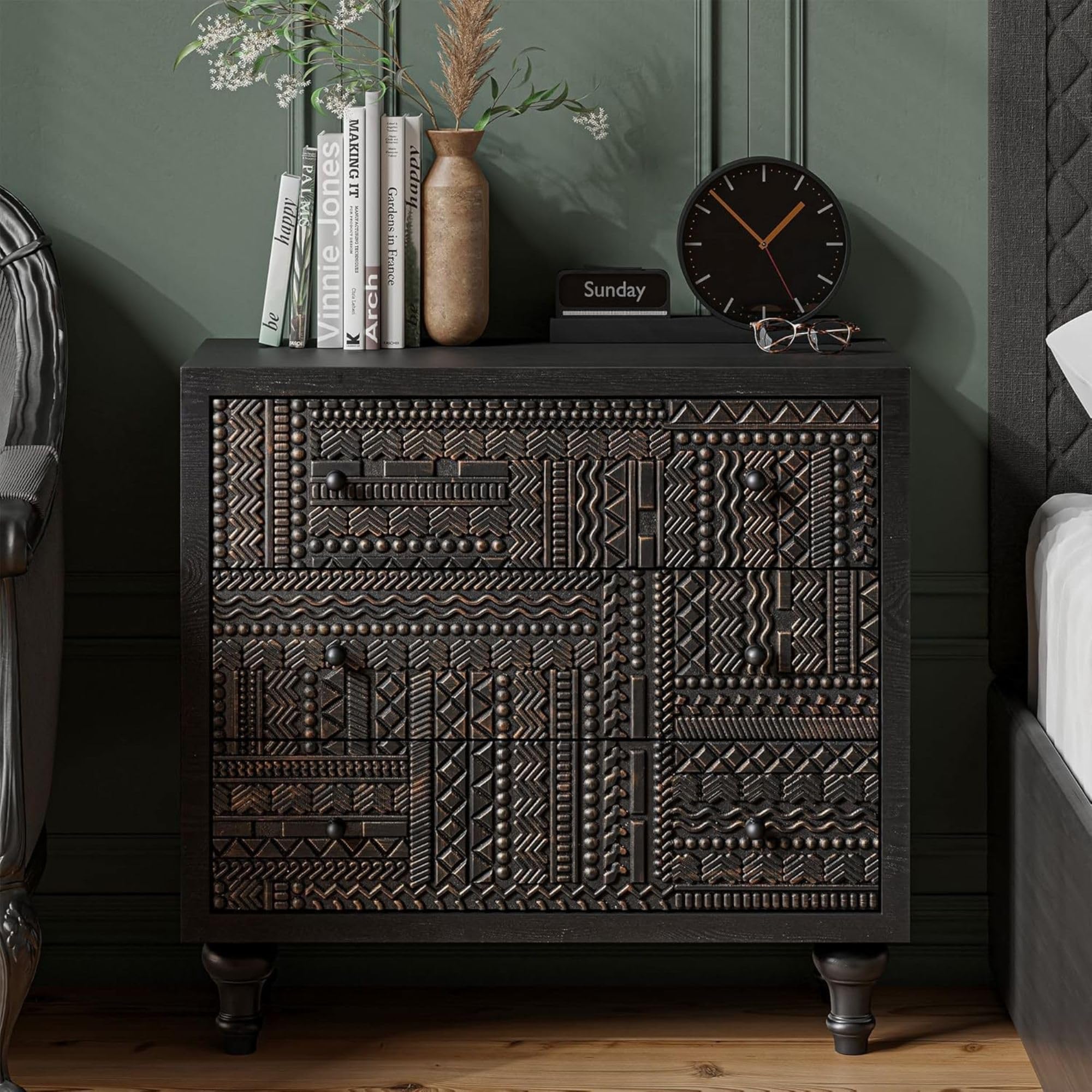 Black 3-Drawer Farmhouse Dresser with Carved Pattern, Mid-Century Modern Boho Nightstand, Fully Assembled