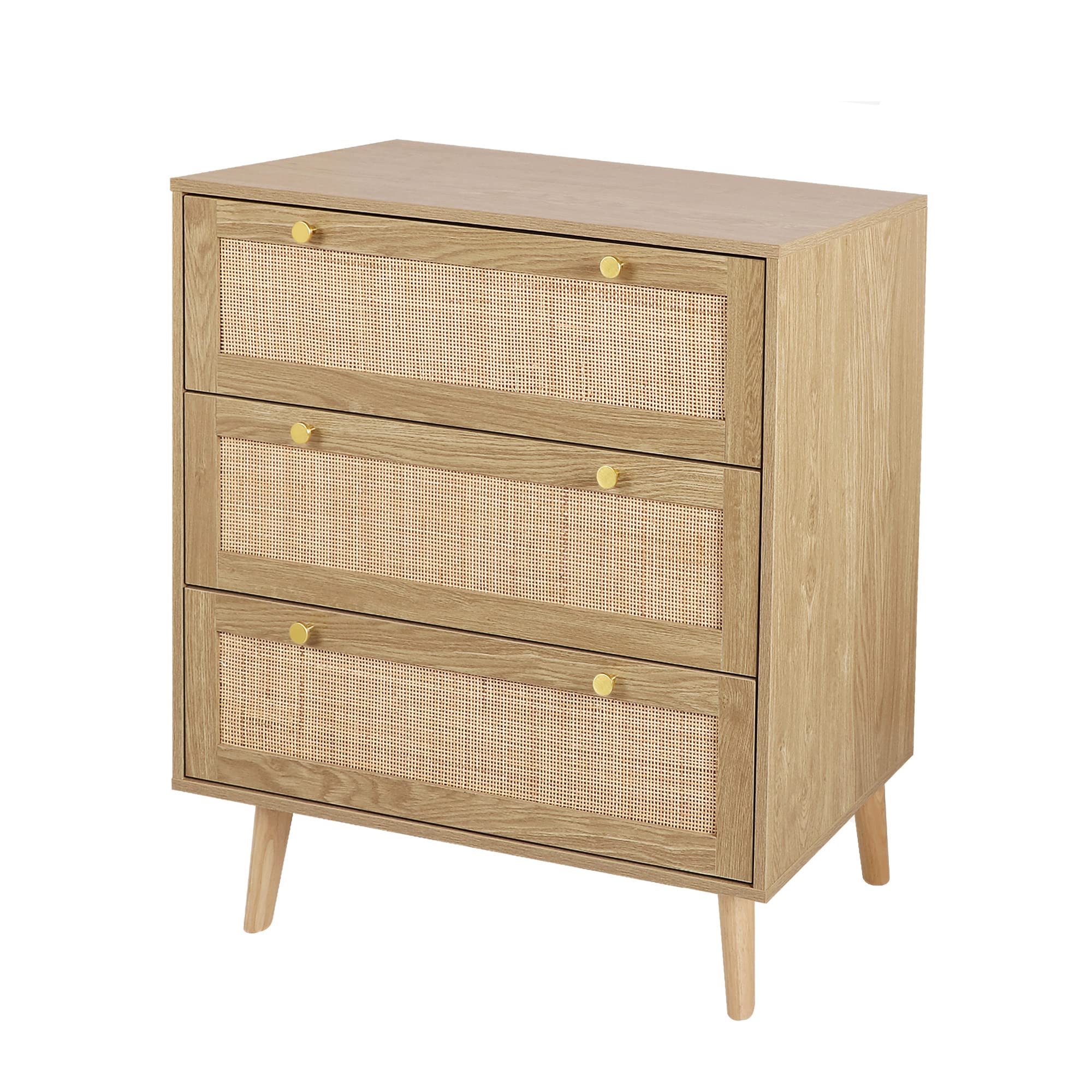 Modern Rattan 3-Drawer Dresser, Rustic Oak Wood Chest with Spacious Storage for Bedroom, Hallway, H0027