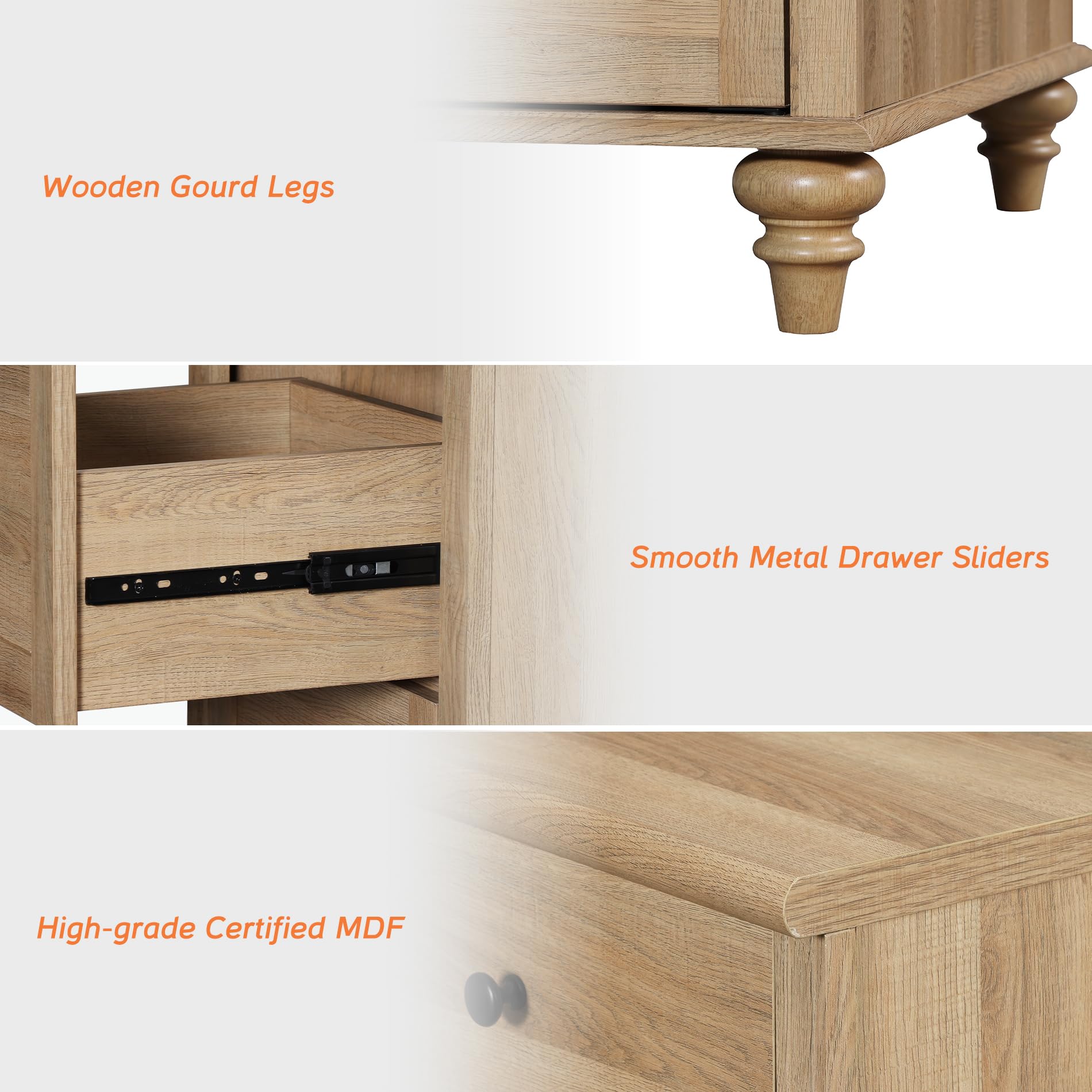 34” Oak Farmhouse Nightstand Set of 2, Large 3-Drawer Wood Bedside Tables for Living Room or Bedroom