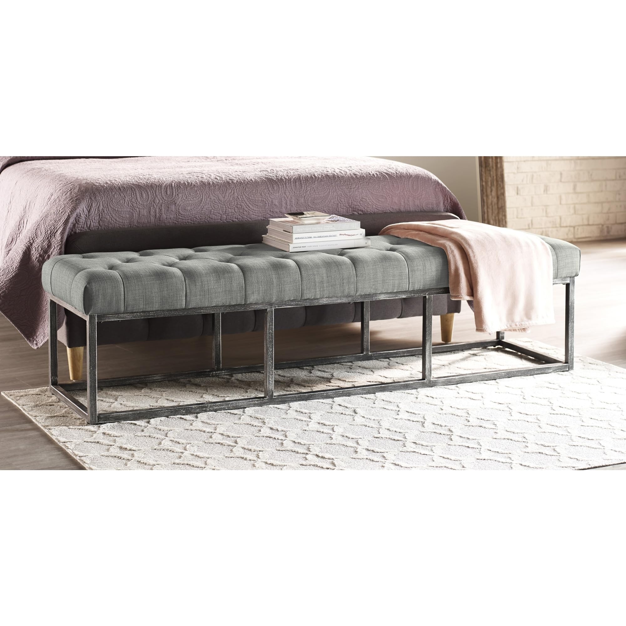 Danes Tufted Upholstered Bench with Iron Legs, Modern Pearl Gray Long Bench for Bedroom, Living Room