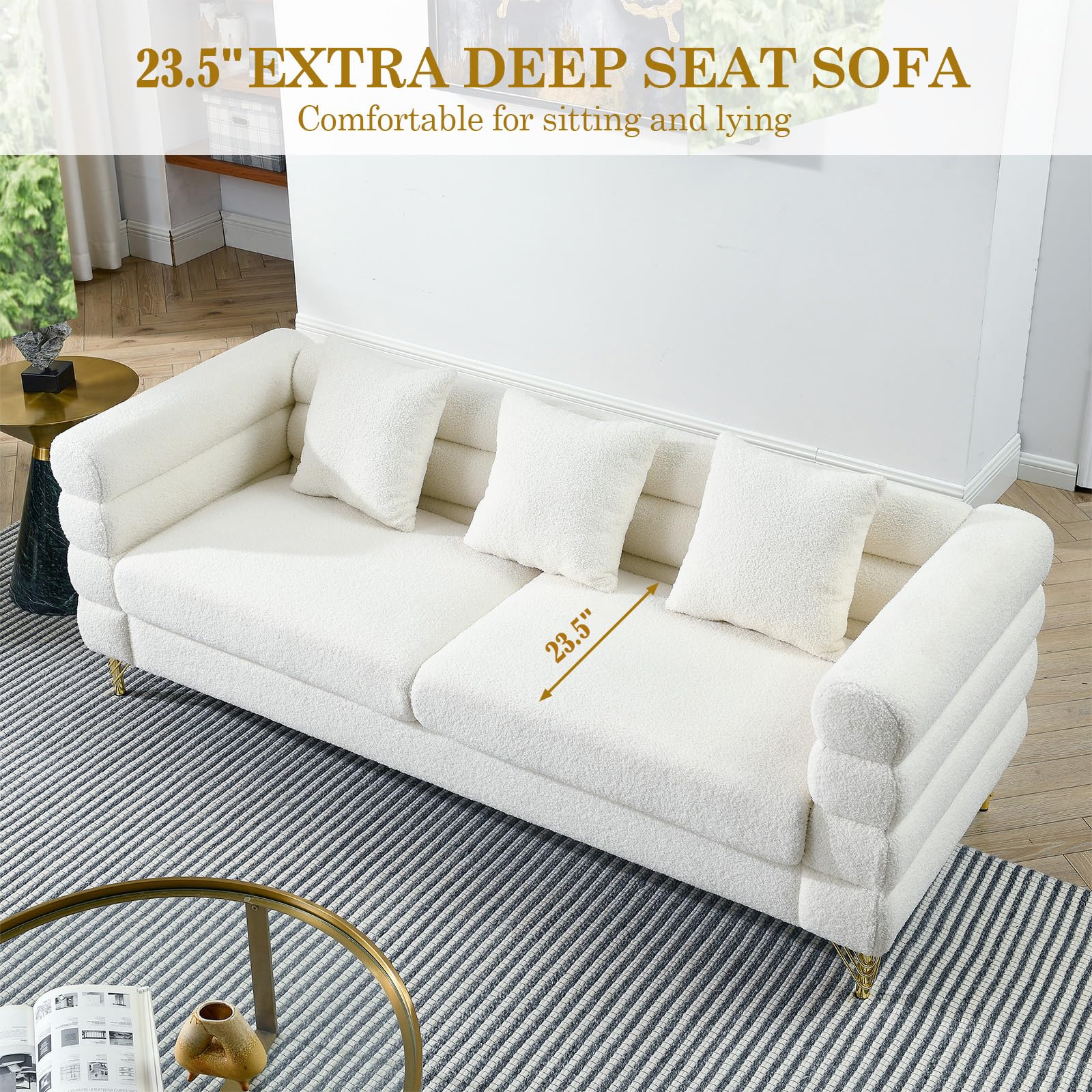 Modern Sofa Couch, 81" W Teddy Bouclé Oversized Loveseat Cloud Sofa, Upholstered 3-Seater Comfy Deep Seat Couch with Gold Legs & Pillows for Living Room, Bedroom, Office, Apartment(White)
