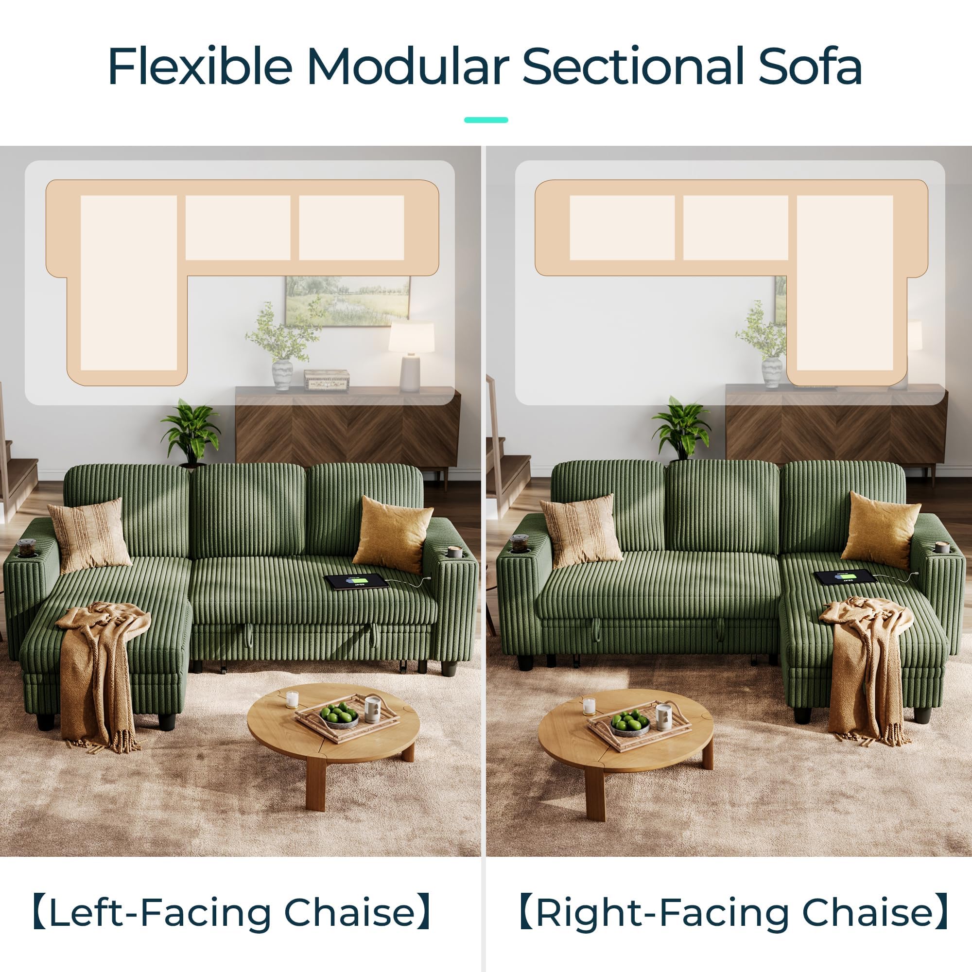 Convertible Sleeper Sofa with Storage Chaise, Corduroy Pull-Out Couch Bed with USB, L-Shaped Modular Sofa, Green