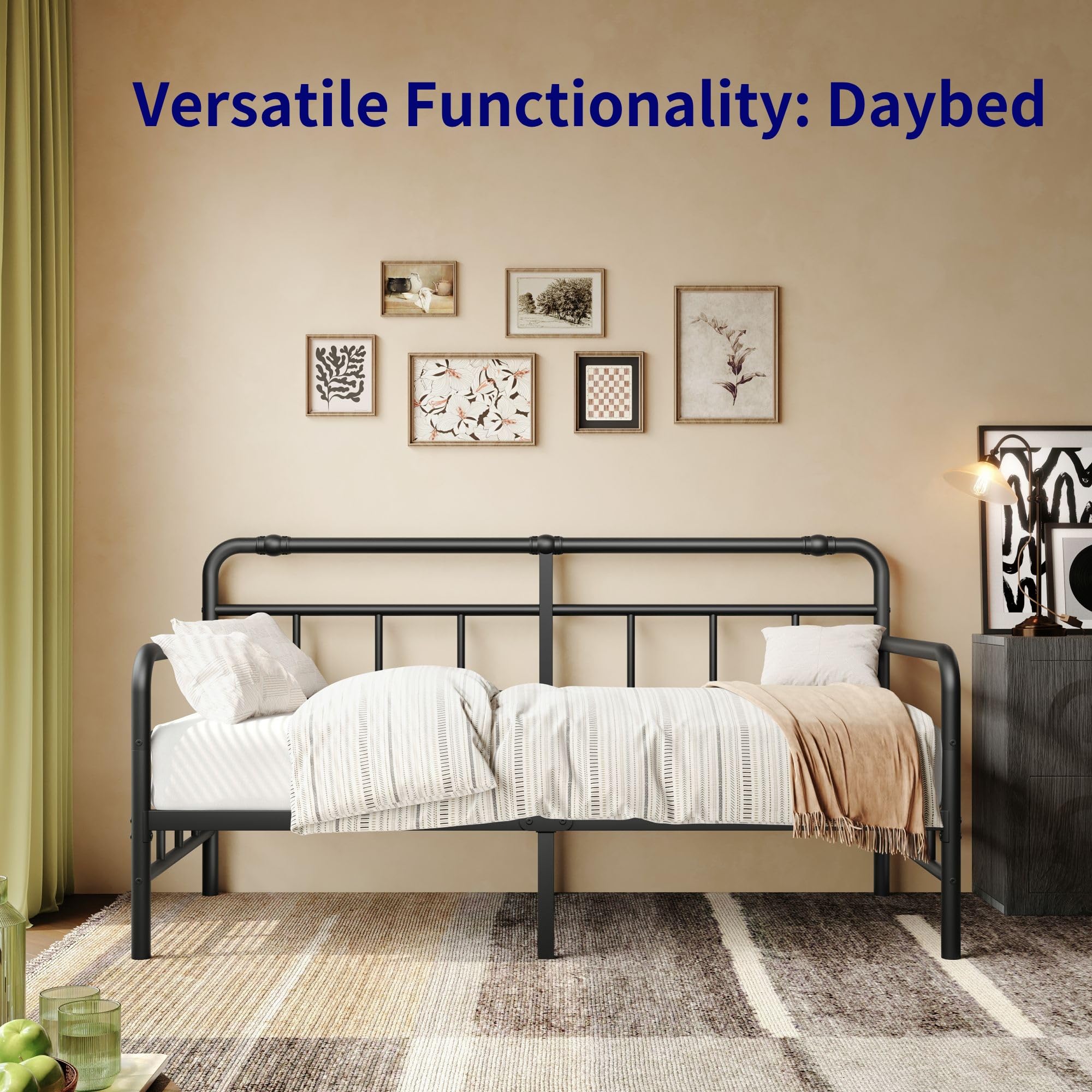 Classic Twin Daybed Frame – Black Metal Frame with Steel Slats, Durable Sofa Bed for Living Room or Bedroom