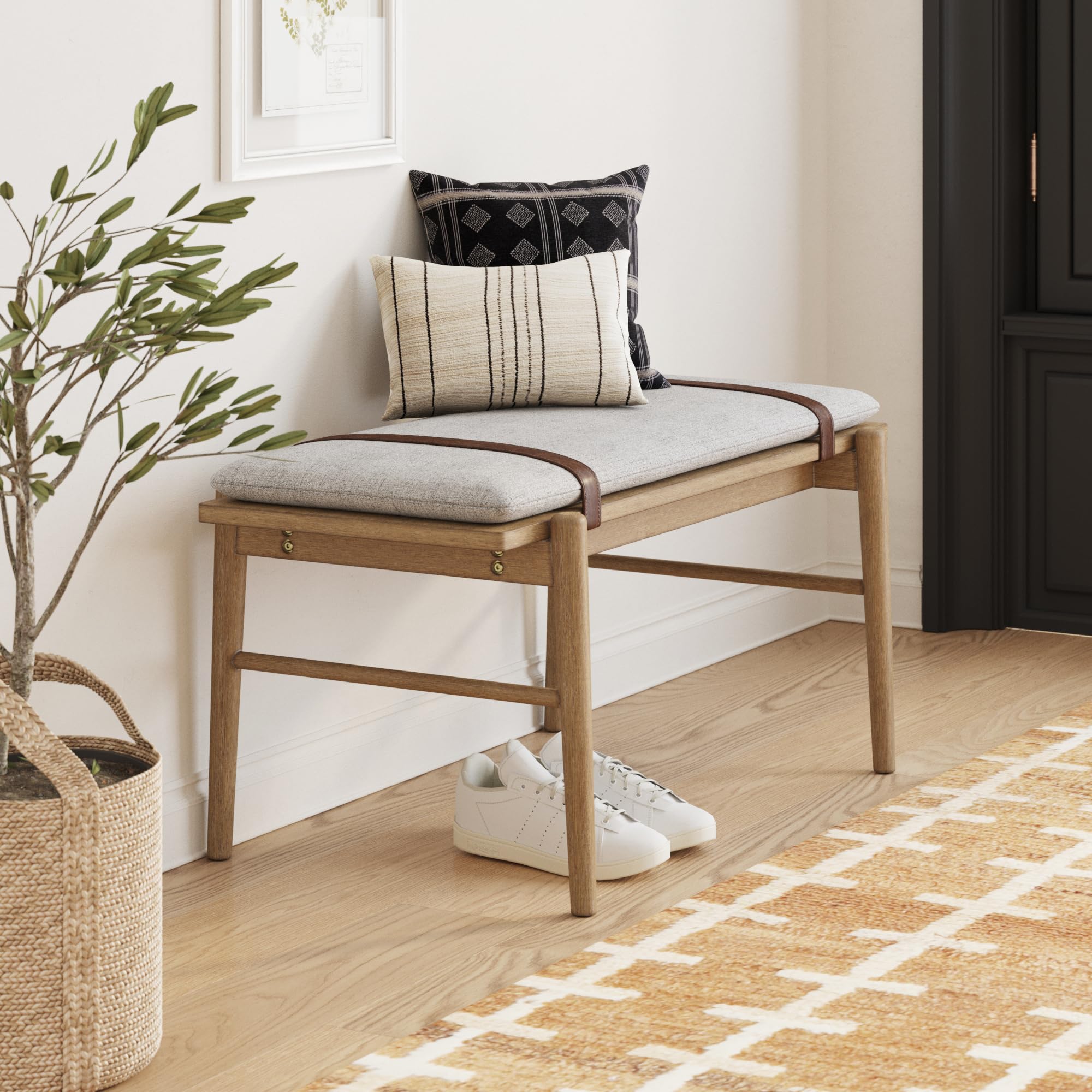 Gugan Mid-Century Wooden Bench Seat, Light Brown Bench with Ivory Cushion for Entryway, Bedroom