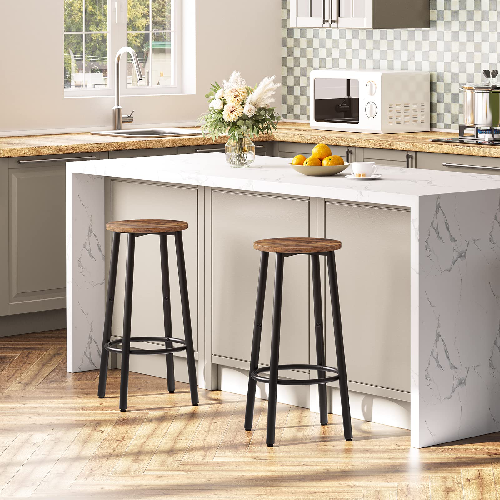 Bar Stools Set of 2, Round Counter Height Kitchen Stools with Footrest, Sturdy Steel Frame for Dining Room, Party, Rustic Brown
