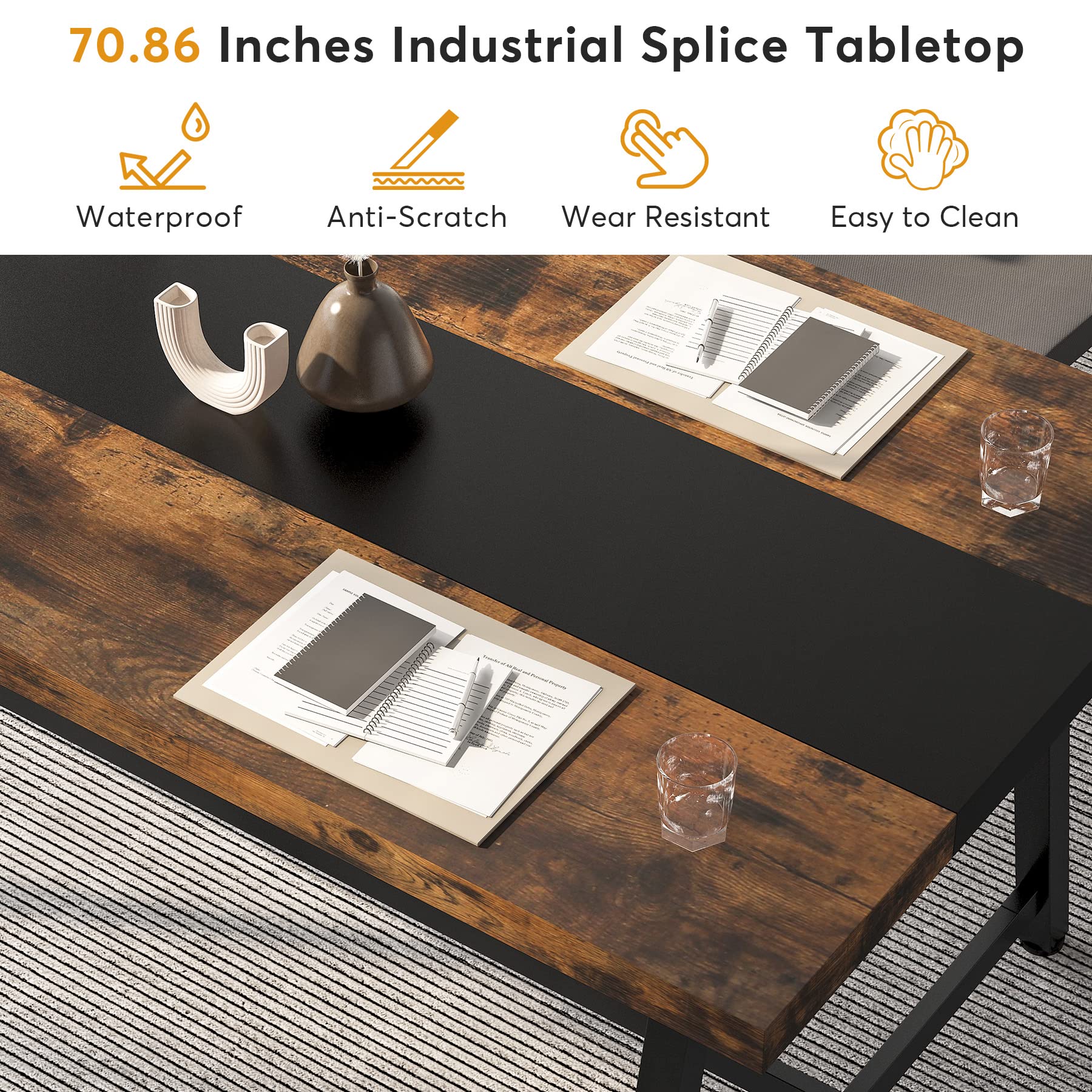 70.87" Industrial Dining Table, Large Rustic Brown Wood Kitchen Table with Metal Frame for Big Families