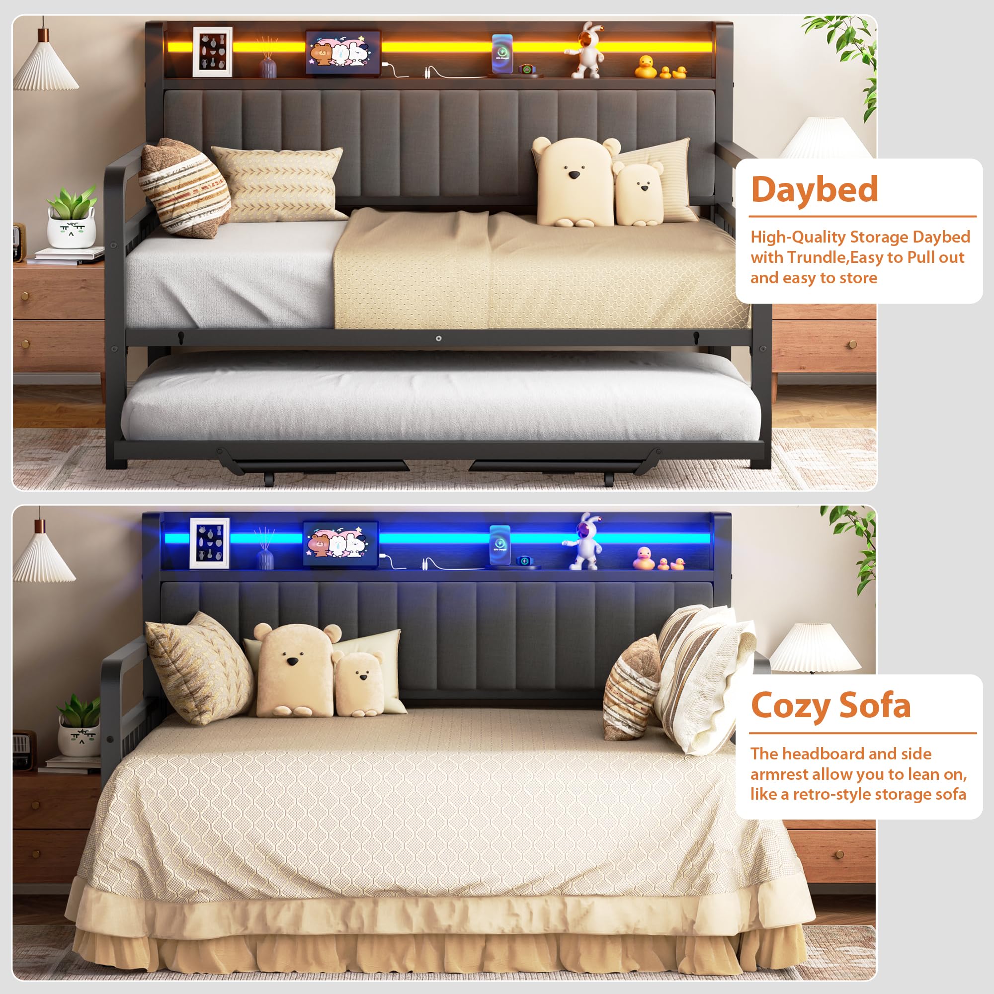 Pop-Up Trundle Daybed – Black Metal Full Frame with Storage Headboard, LED Lights & Charging Station for Guest Room