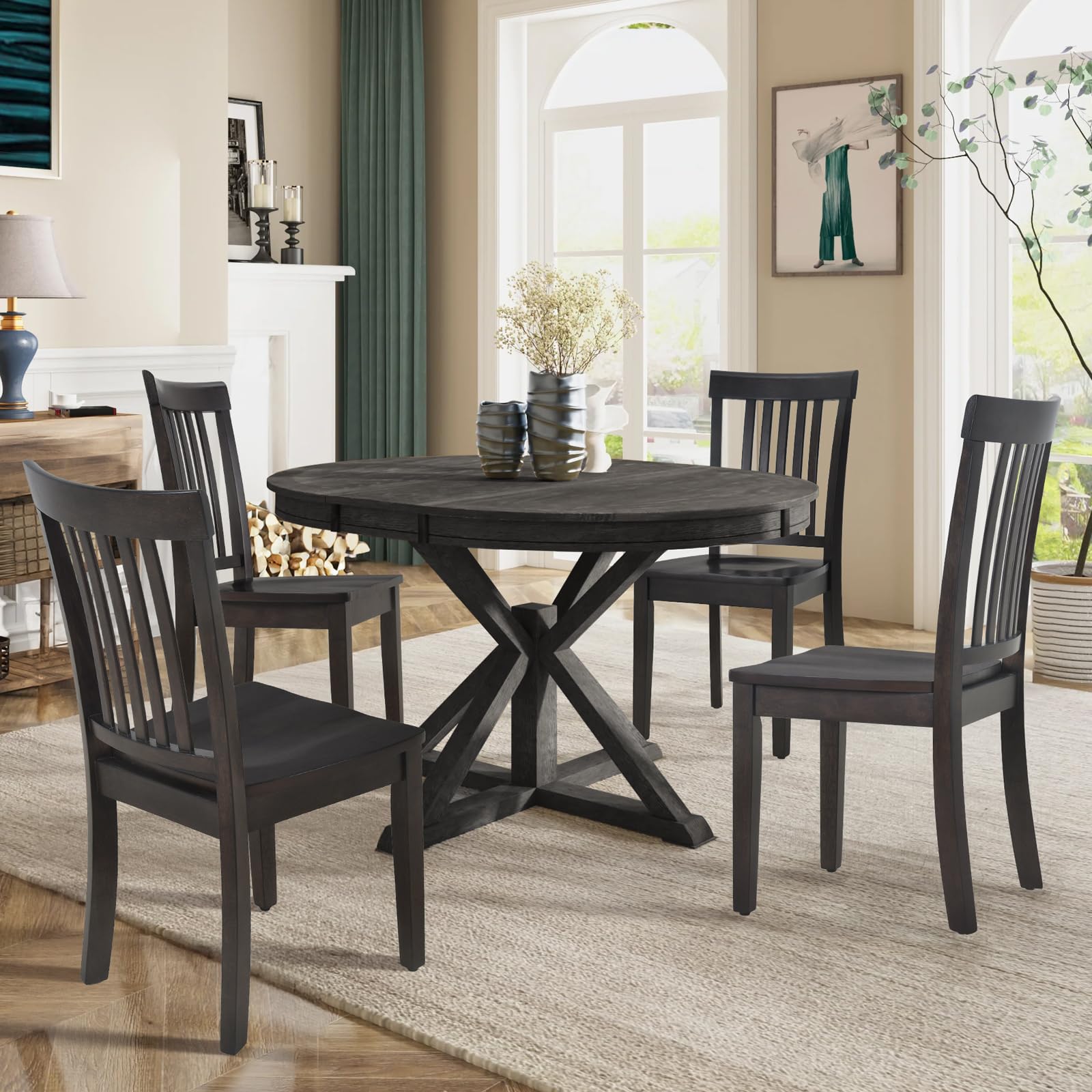 Set of 6 Windsor Spindle Back Dining Chairs, Farmhouse Wooden Side Chairs for Kitchen, Dark Brown