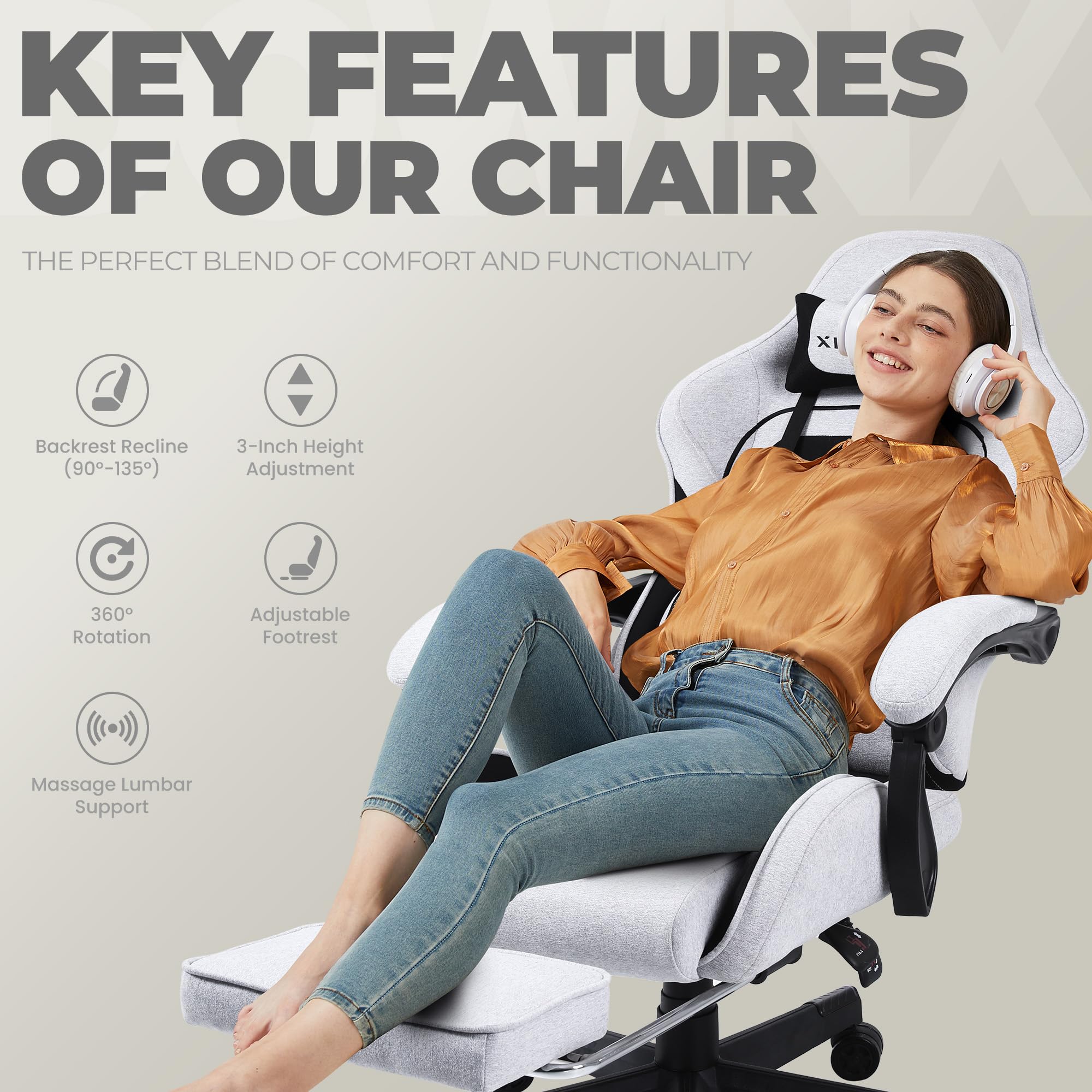 Gaming Chair with Pocket Spring Cushion, Massage & Footrest, Fabric Ergonomic Desk Chair, Black and Grey
