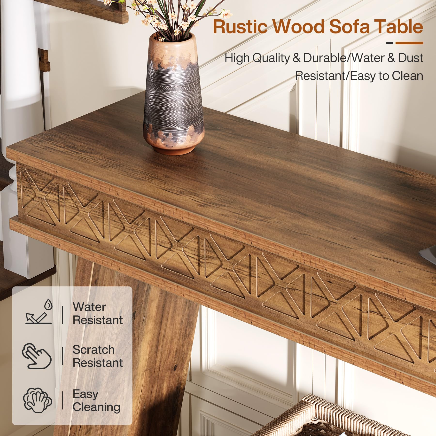 71" Extra Long Farmhouse Console Table, 2-Tier Wooden Sofa Table Behind Couch with Storage, Rustic Brown
