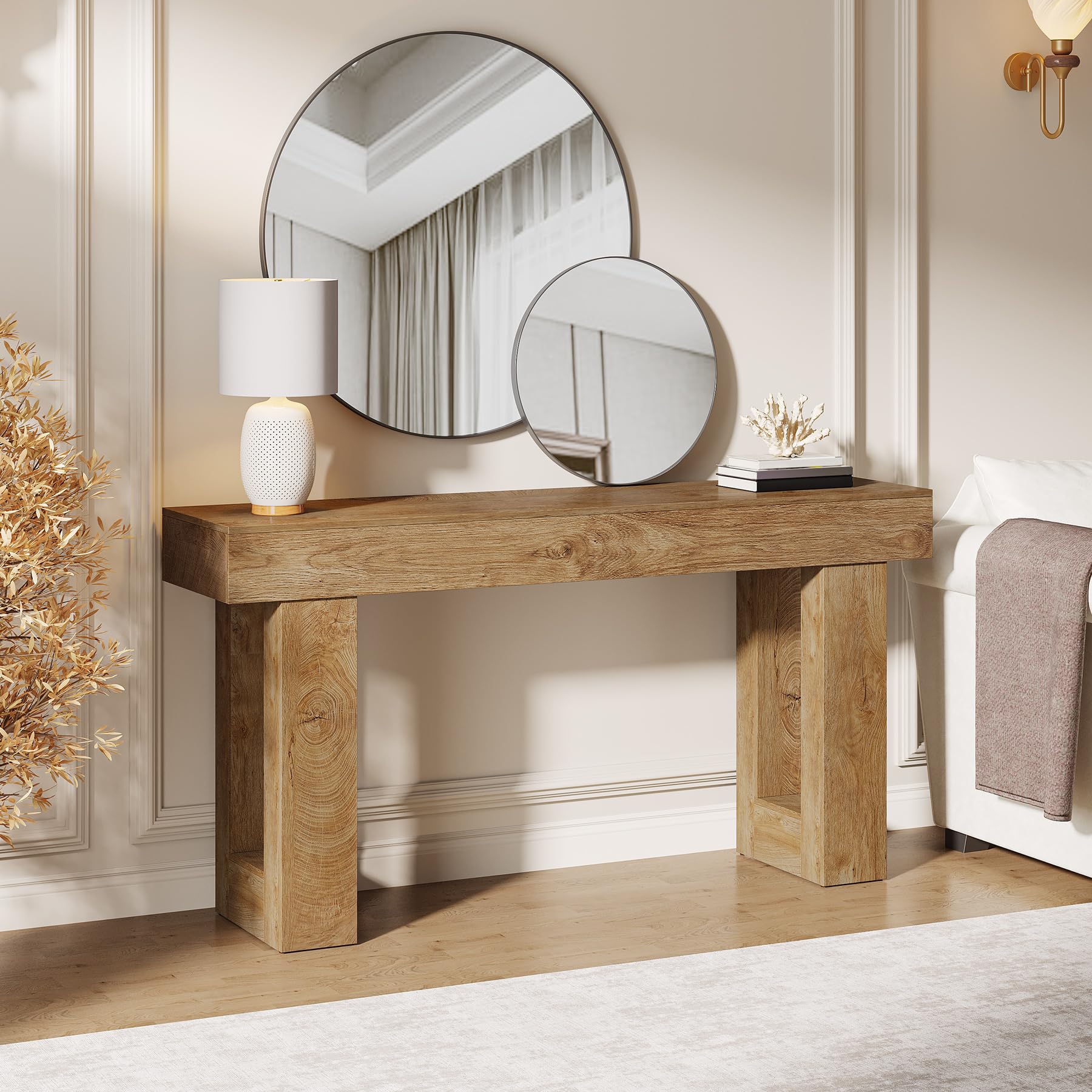 63" Long Wooden Console Table, Farmhouse Sofa Table for Entryway or Hallway, Rectangular Behind Couch Table, Natural
