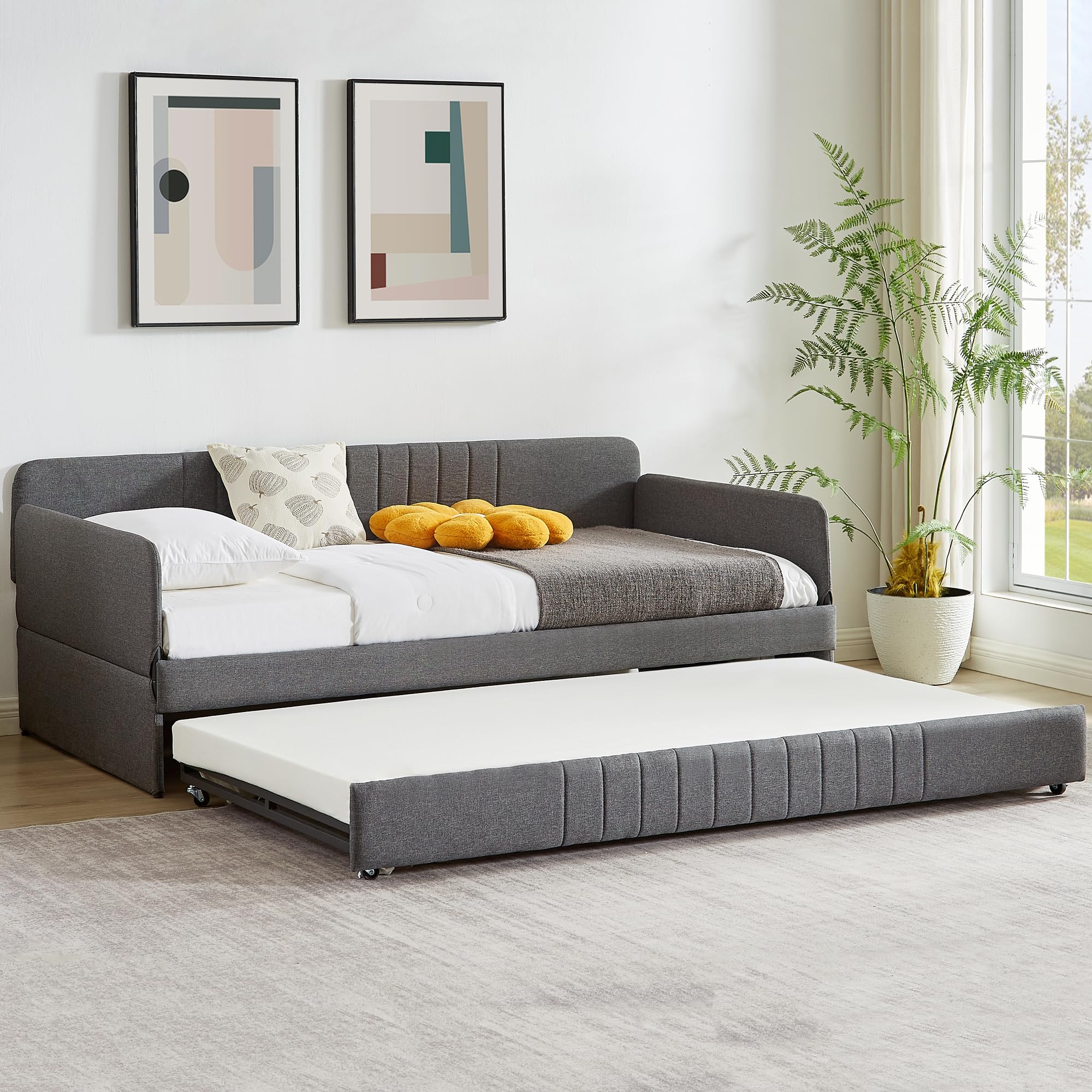 Twin Daybed with Trundle – Grey Linen Upholstered Frame with Armrest, Twin Size Day Bed with No Box Spring Needed