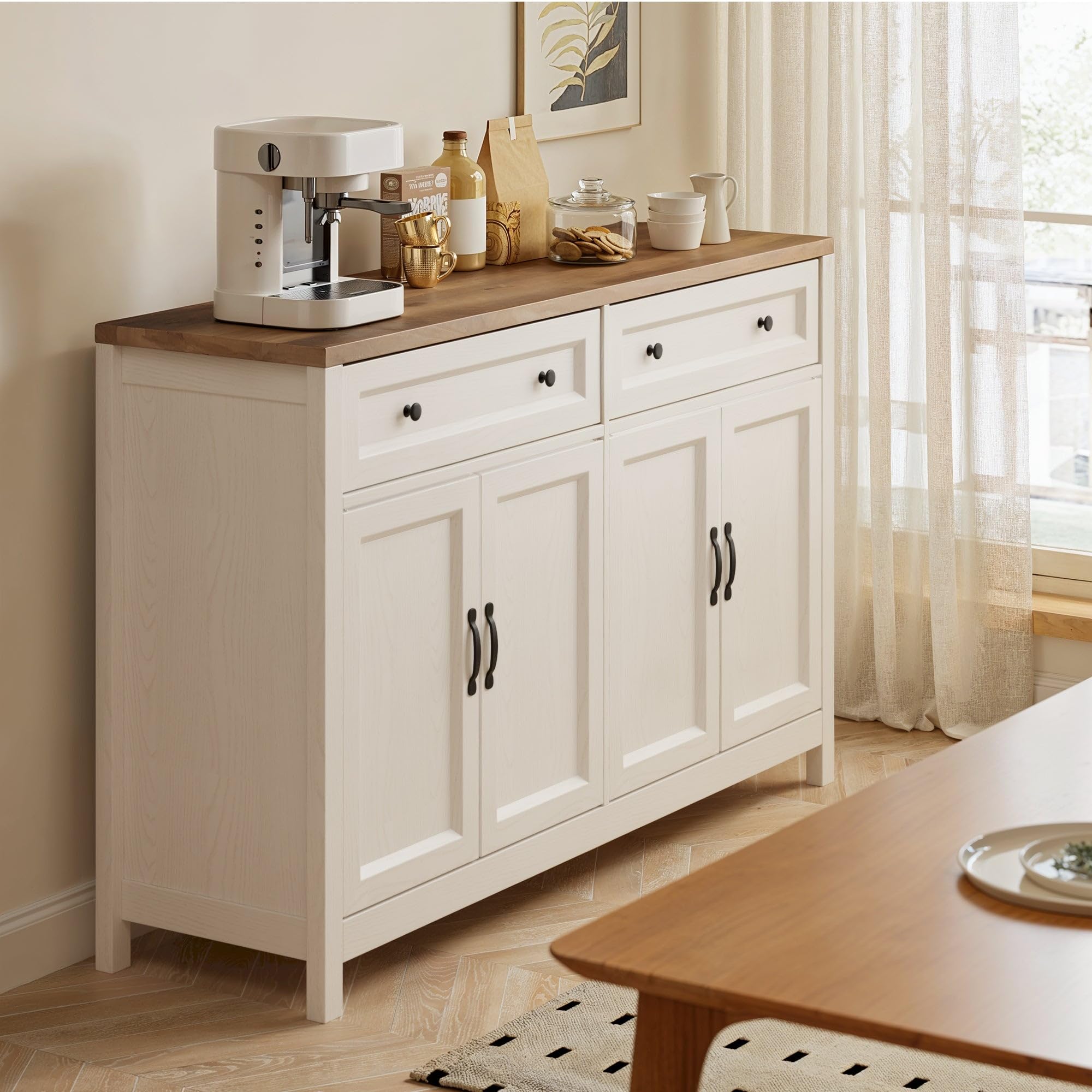 Farmhouse Sideboard Buffet Cabinet with Storage, White/Rustic Brown Coffee Bar with Drawers & Doors for Dining Room