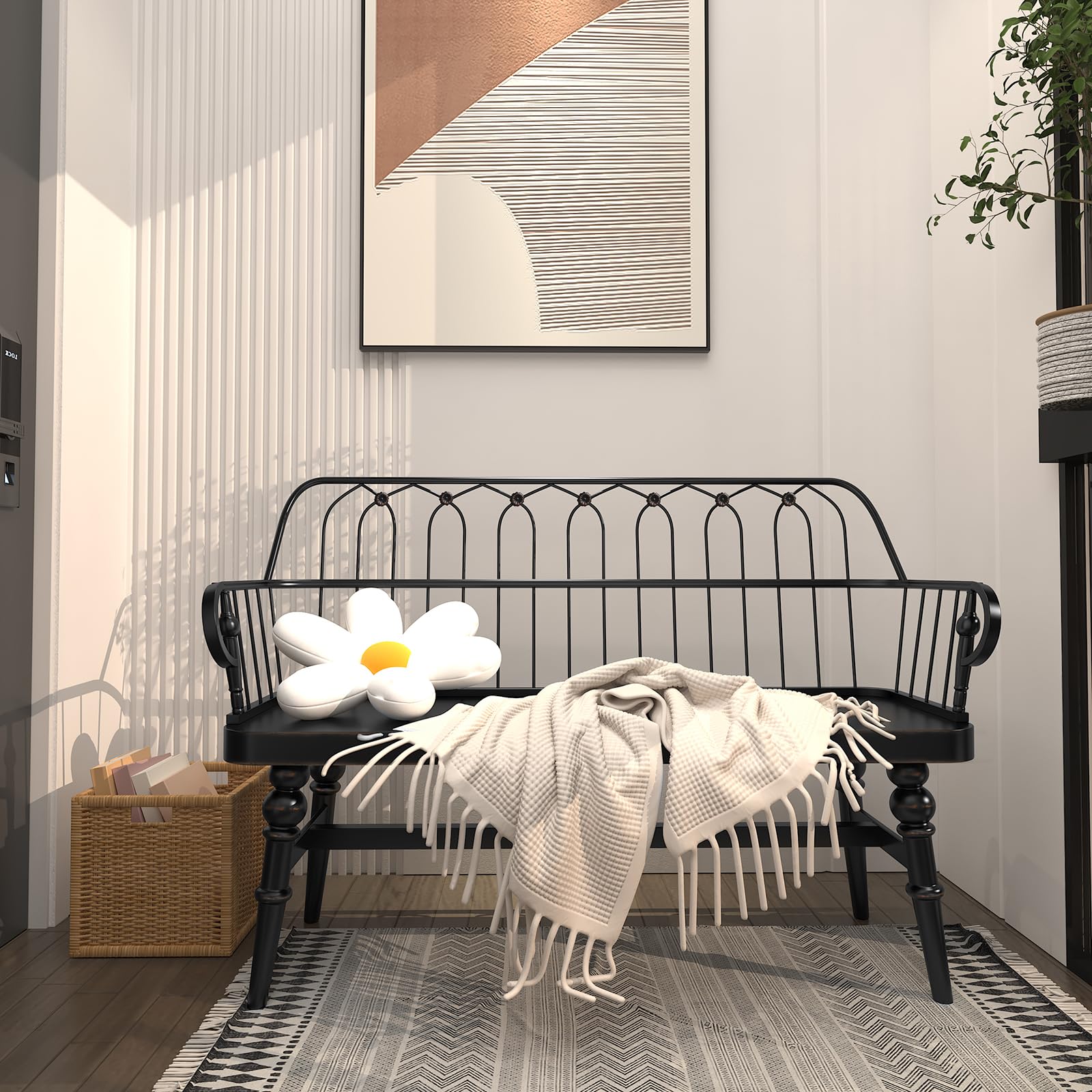 Farmhouse Spindle Back Entryway Bench, Wooden Dining Bench for Living Room, Mudroom, Hallway