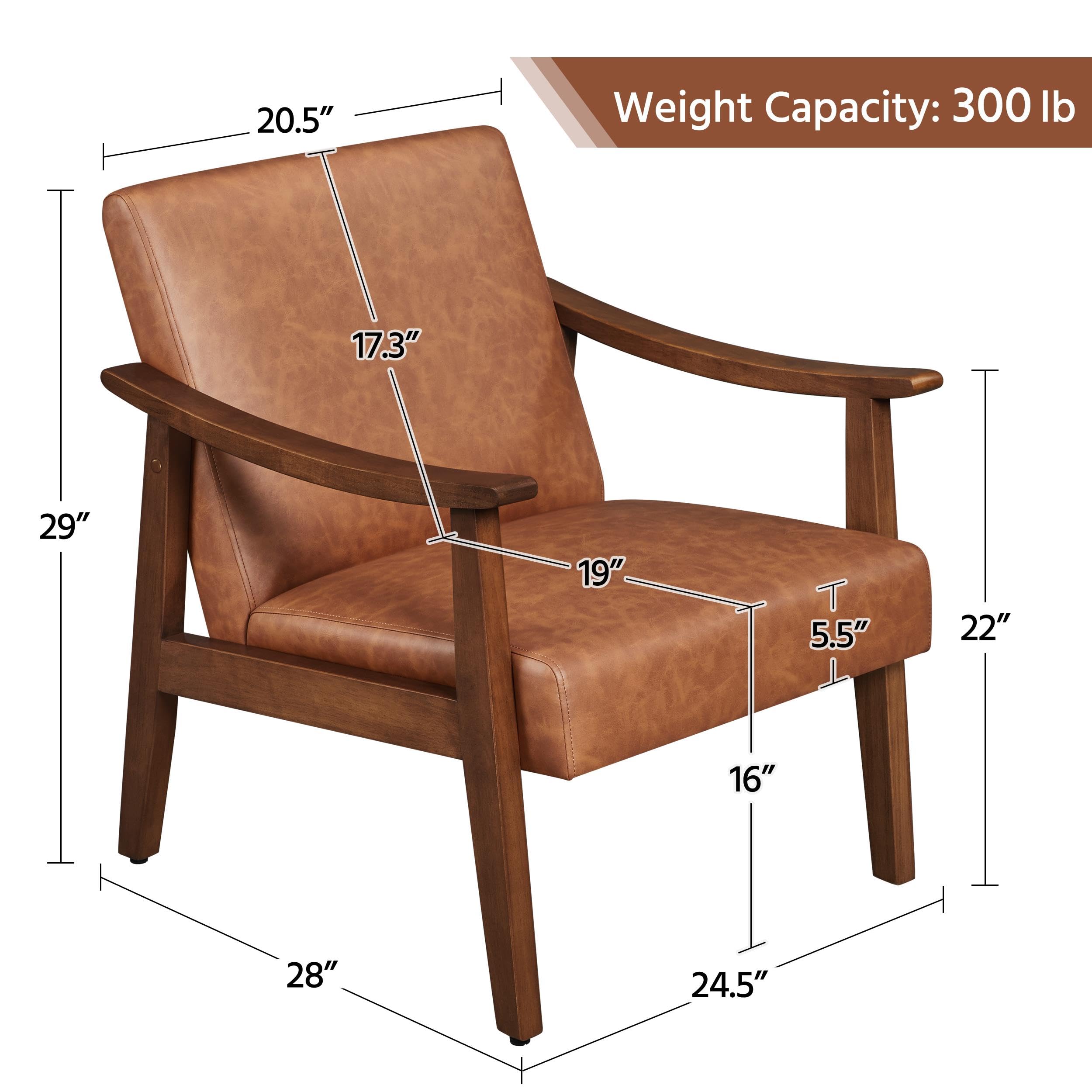 Mid-Century PU Leather Accent Chair, High Back Wood Armchairs for Bedroom, Living Room, Waiting Room, Set of 2