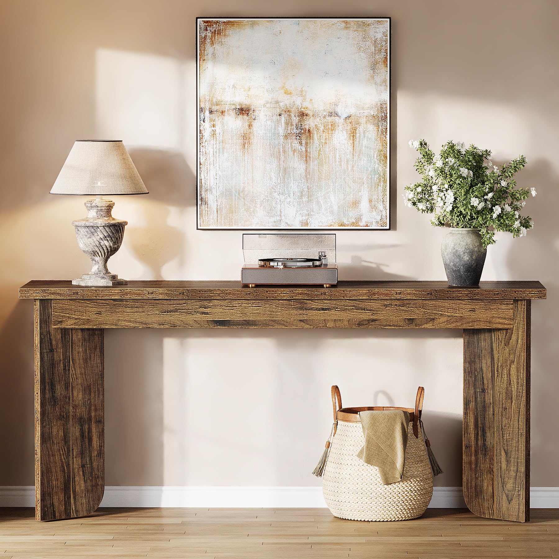 70.9" Extra Long Farmhouse Console Table, Wooden Sofa Table with Wide Top & Sturdy Pedestal for Living Room, Brown
