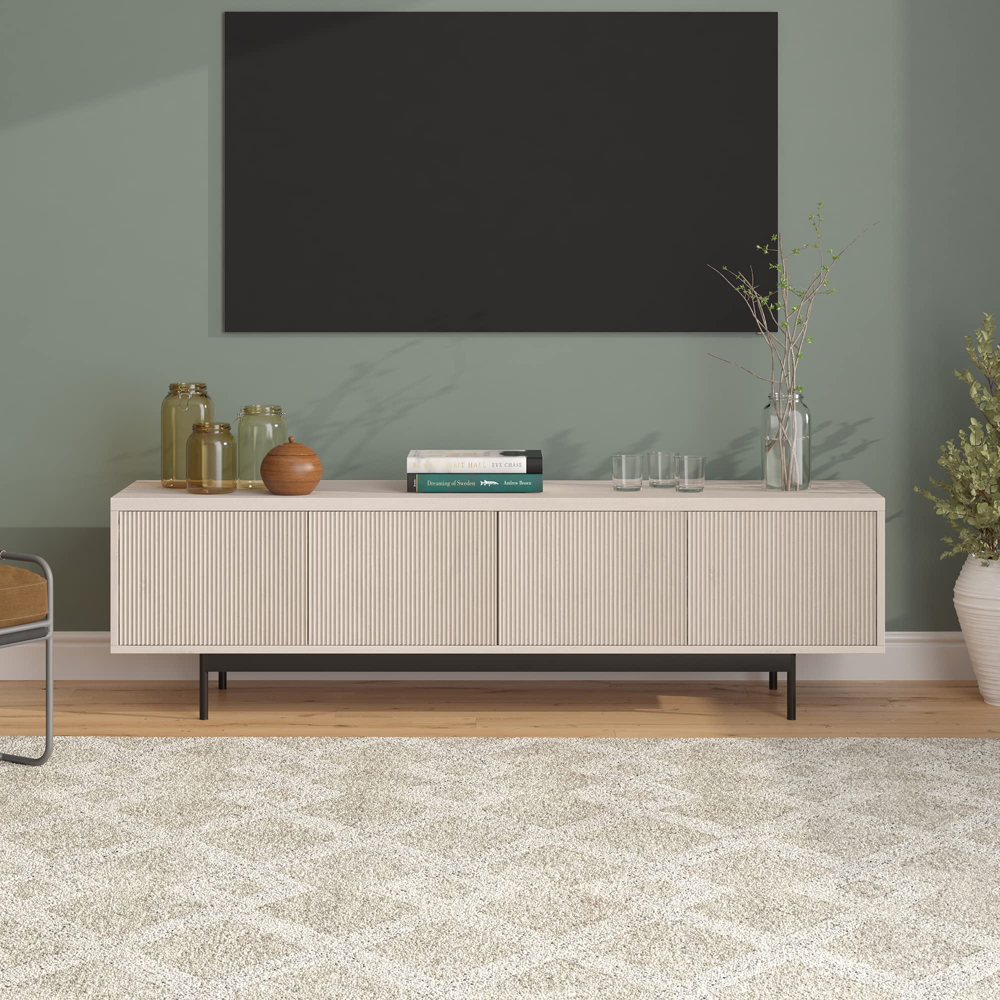 Whitman TV Stand – 70" Wide Entertainment Unit in Elegant Alder White Finish for Modern Living Room Setup