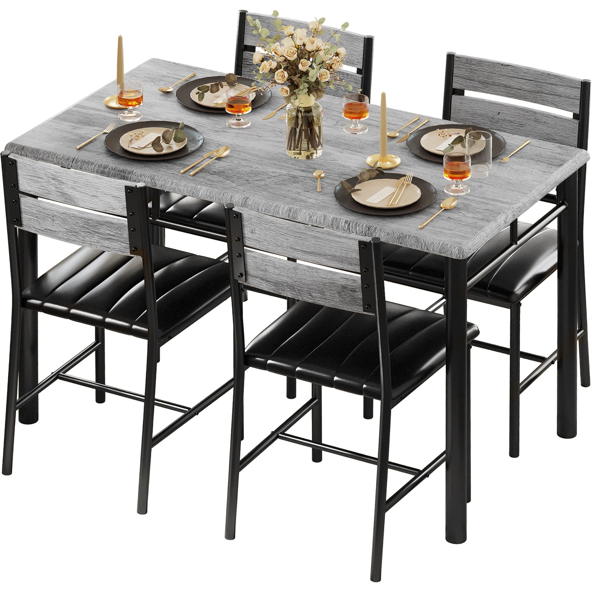 Dining Table Set for 4, Grey Upholstered Chairs with Wood Kitchen Table for Small Dining Room Spaces
